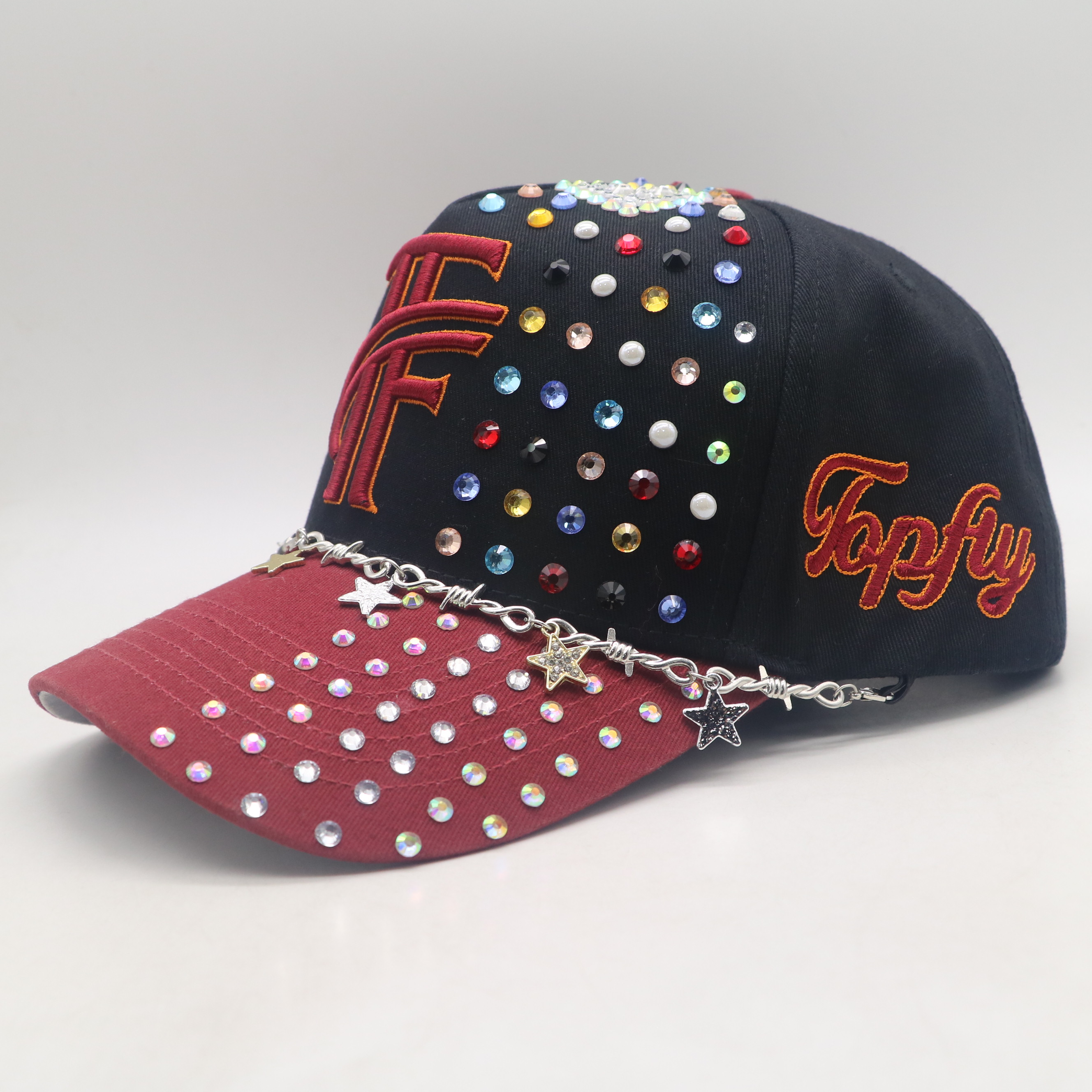 Topfly Black Red Rhinestone Baseball Cap Barbed Wire Star Chain Streetwear Trucker Hat