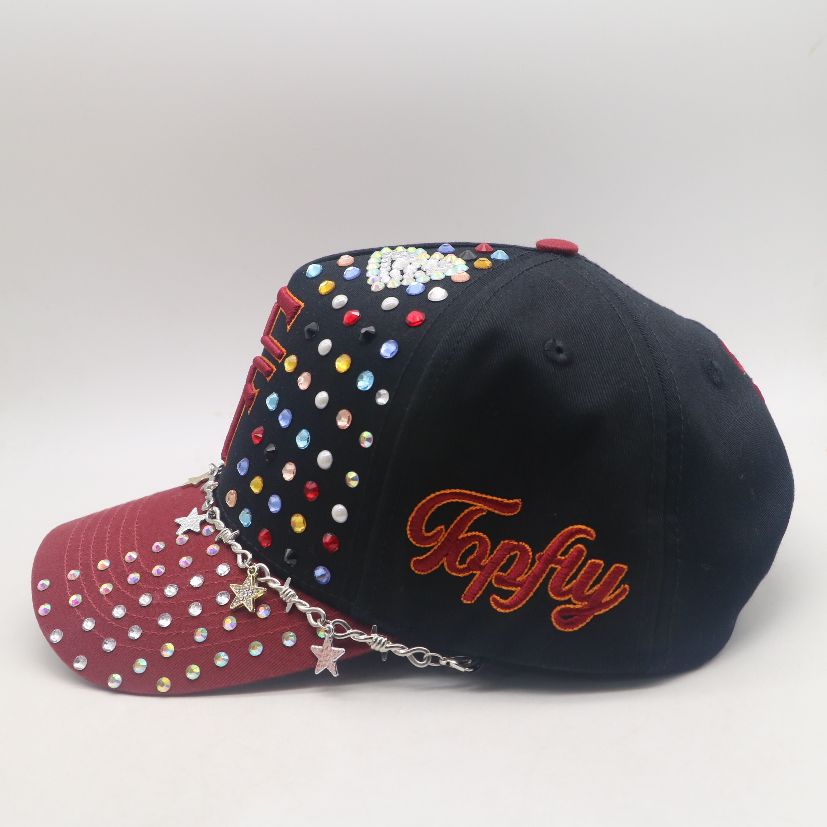 Topfly Black Red Rhinestone Baseball Cap Barbed Wire Star Chain Streetwear Trucker Hat