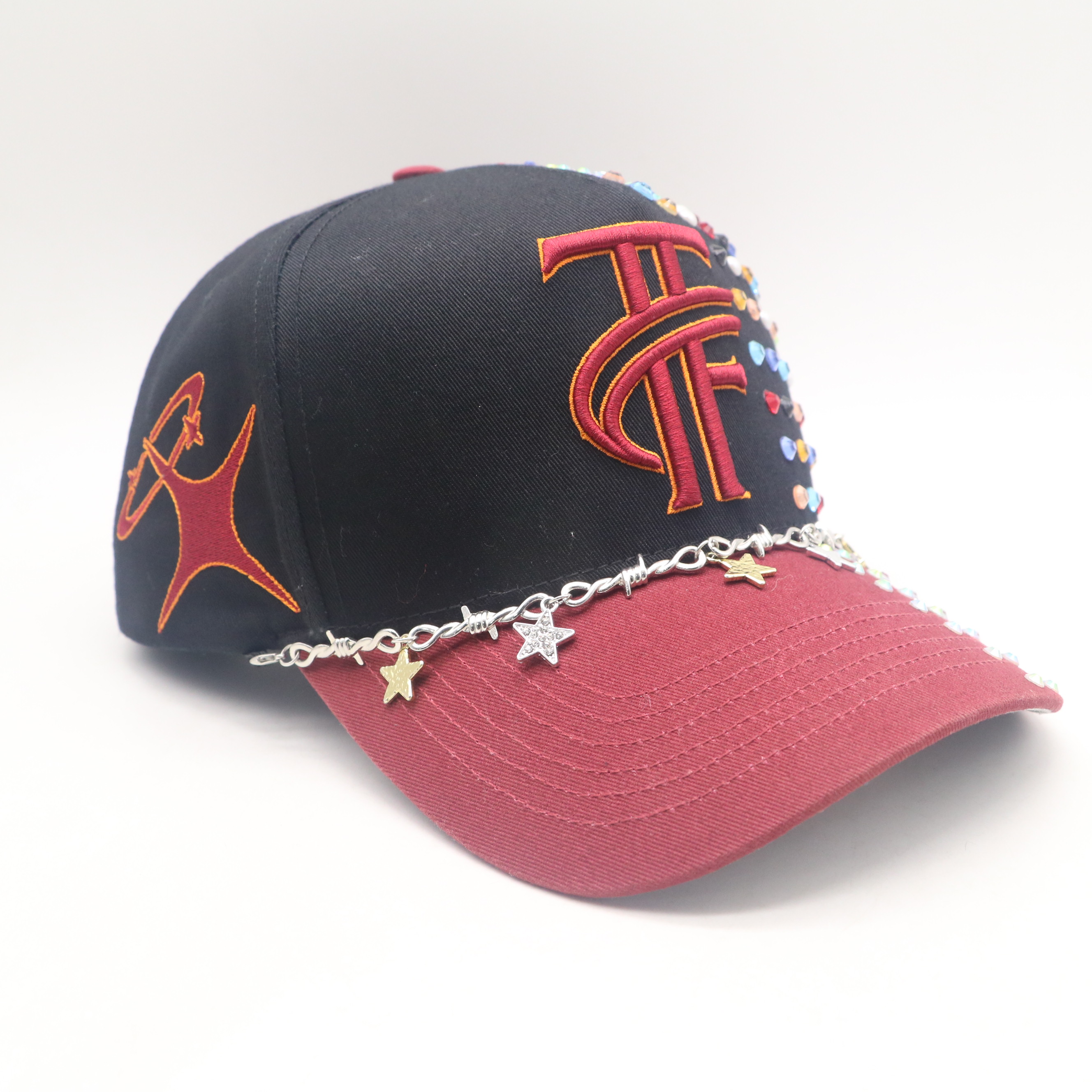 Topfly Black Red Rhinestone Baseball Cap Barbed Wire Star Chain Streetwear Trucker Hat