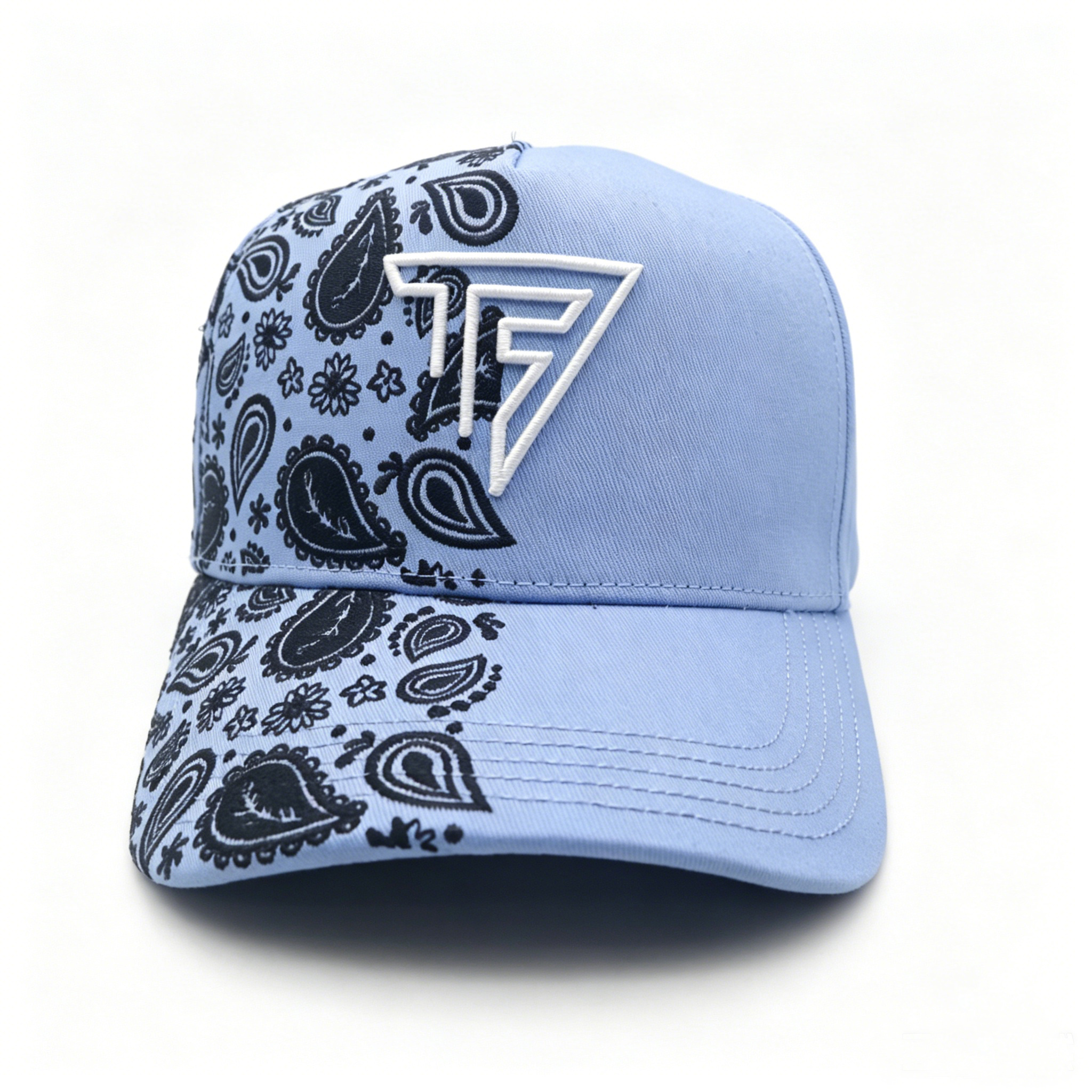 Light Blue Paisley Print Baseball Cap Custom 3D Embroidery Logo Streetwear Trucker Hat