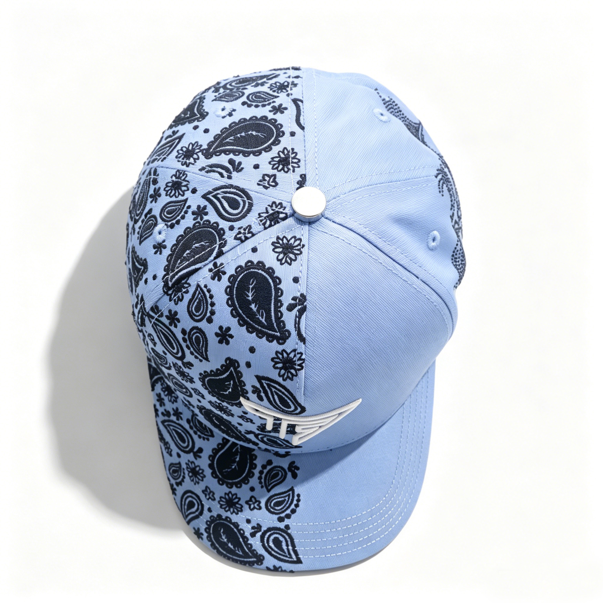 Light Blue Paisley Print Baseball Cap Custom 3D Embroidery Logo Streetwear Trucker Hat