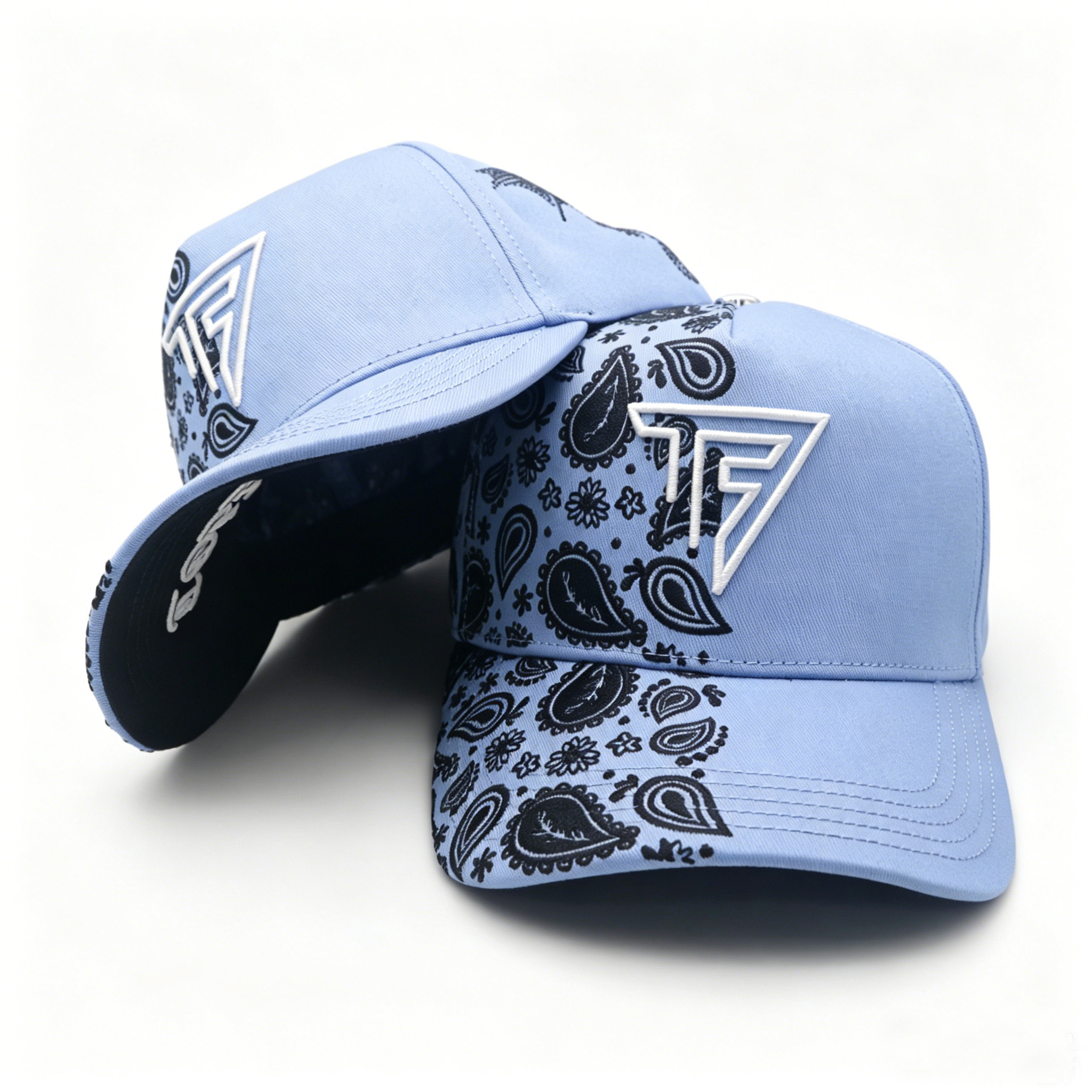 Light Blue Paisley Print Baseball Cap Custom 3D Embroidery Logo Streetwear Trucker Hat