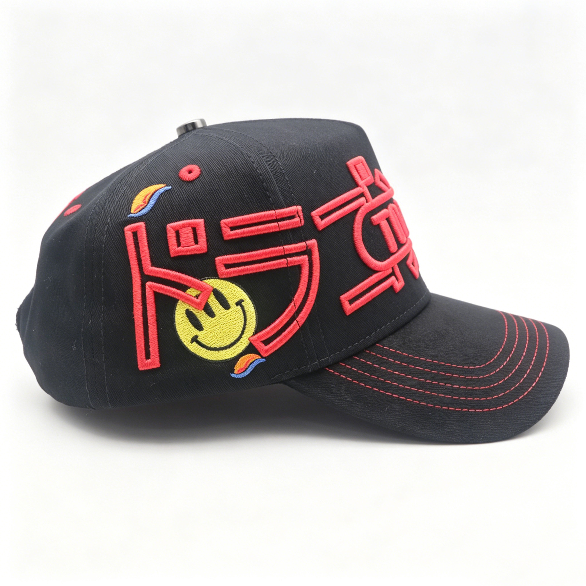 Black Red Contrast Stitching Dad Hat Custom 3D Embroidery Logo Side Smile Rainbow Embroidery Streetwear Baseball Cap
