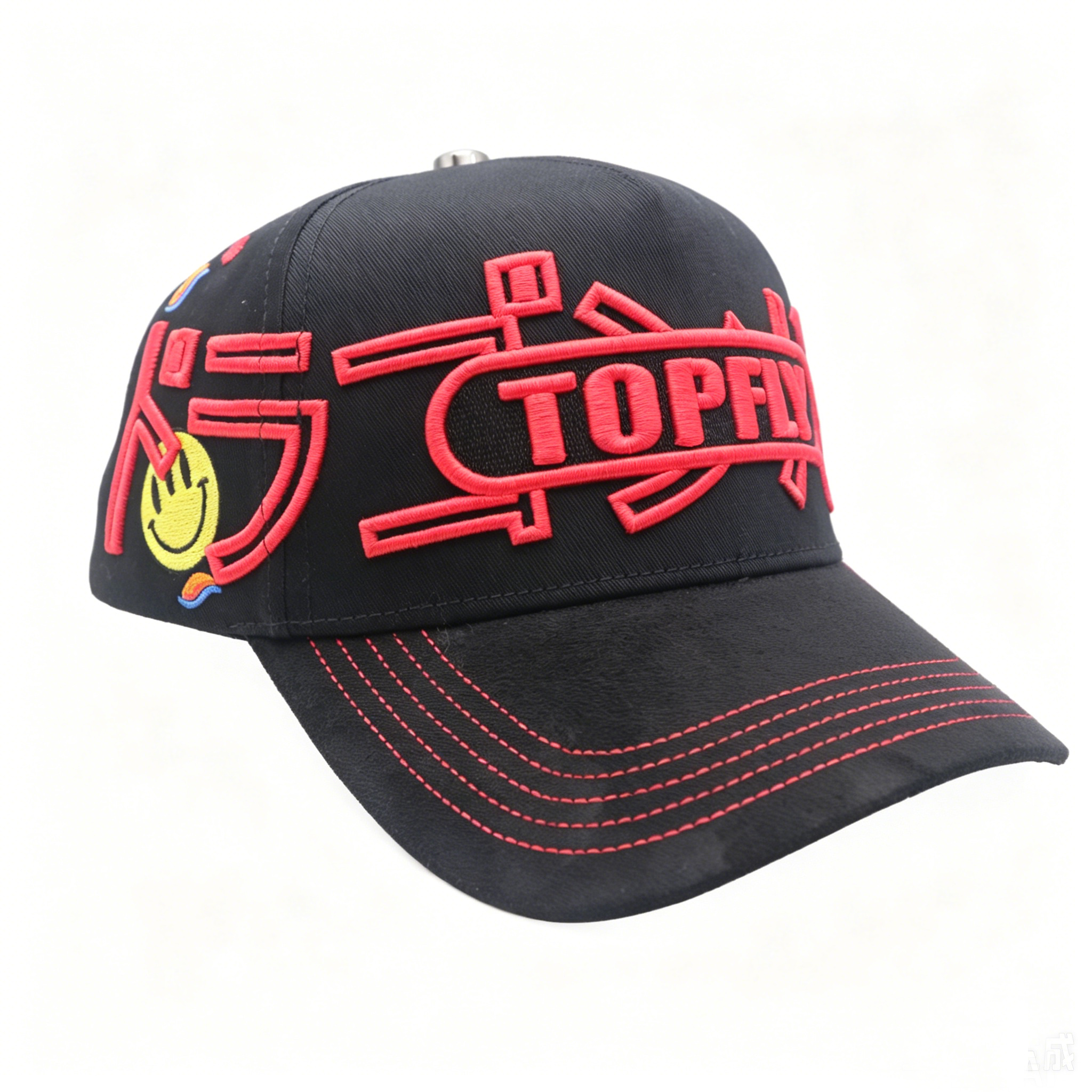Black Red Contrast Stitching Dad Hat Custom 3D Embroidery Logo Side Smile Rainbow Embroidery Streetwear Baseball Cap