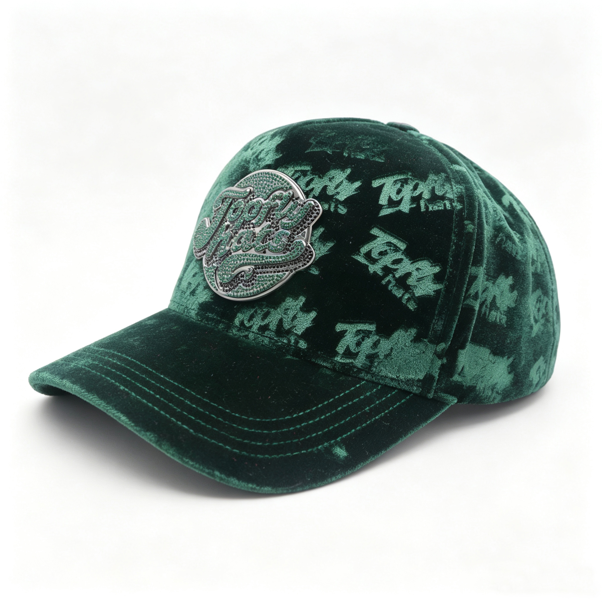 Luxury Dark Green Velvet Baseball Cap With Rhinestone Metal Patch Custom All Over Print Hat