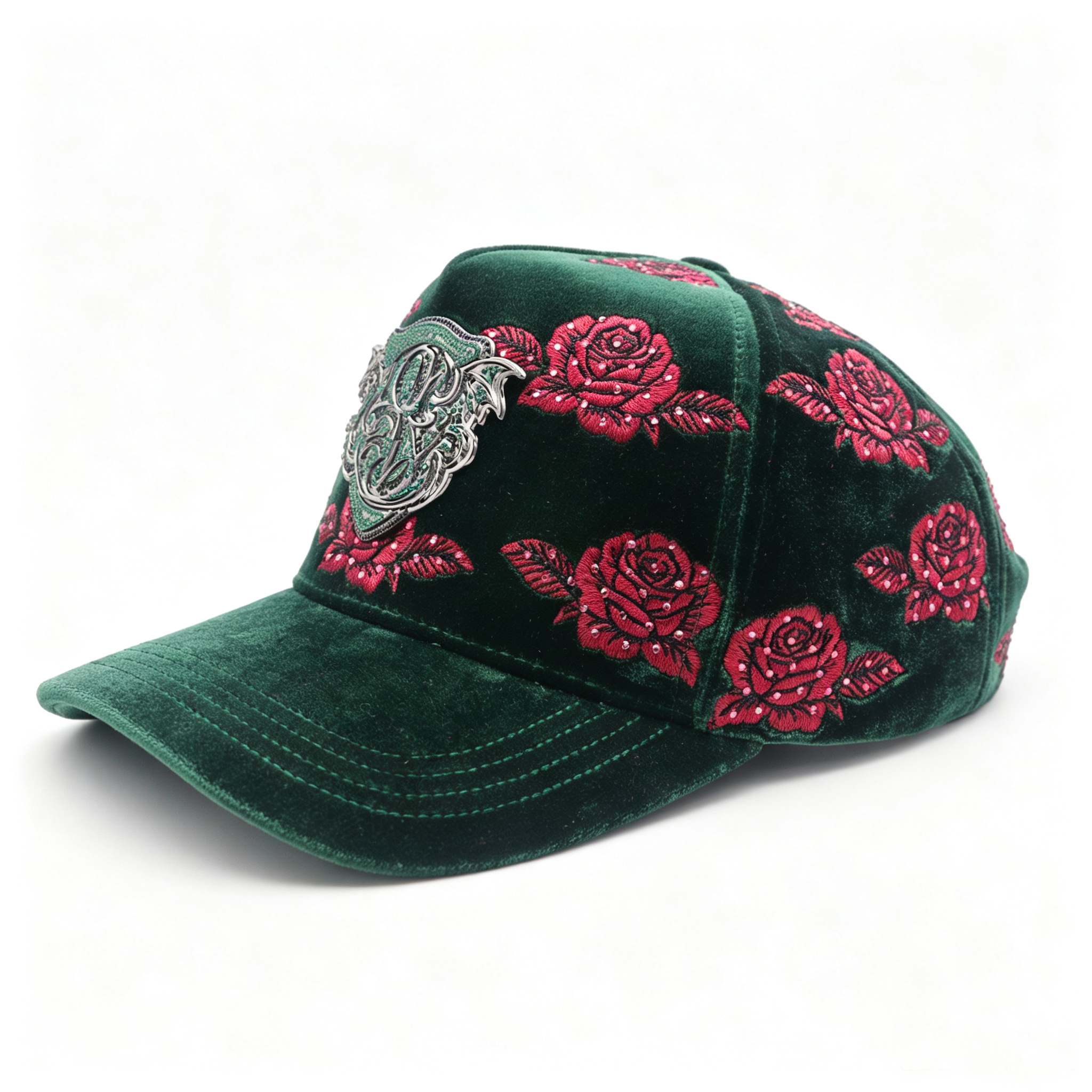 Dark Green Velvet Trucker Cap All Over 3D Rose Embroidery Custom Metal Logo Baseball Hat