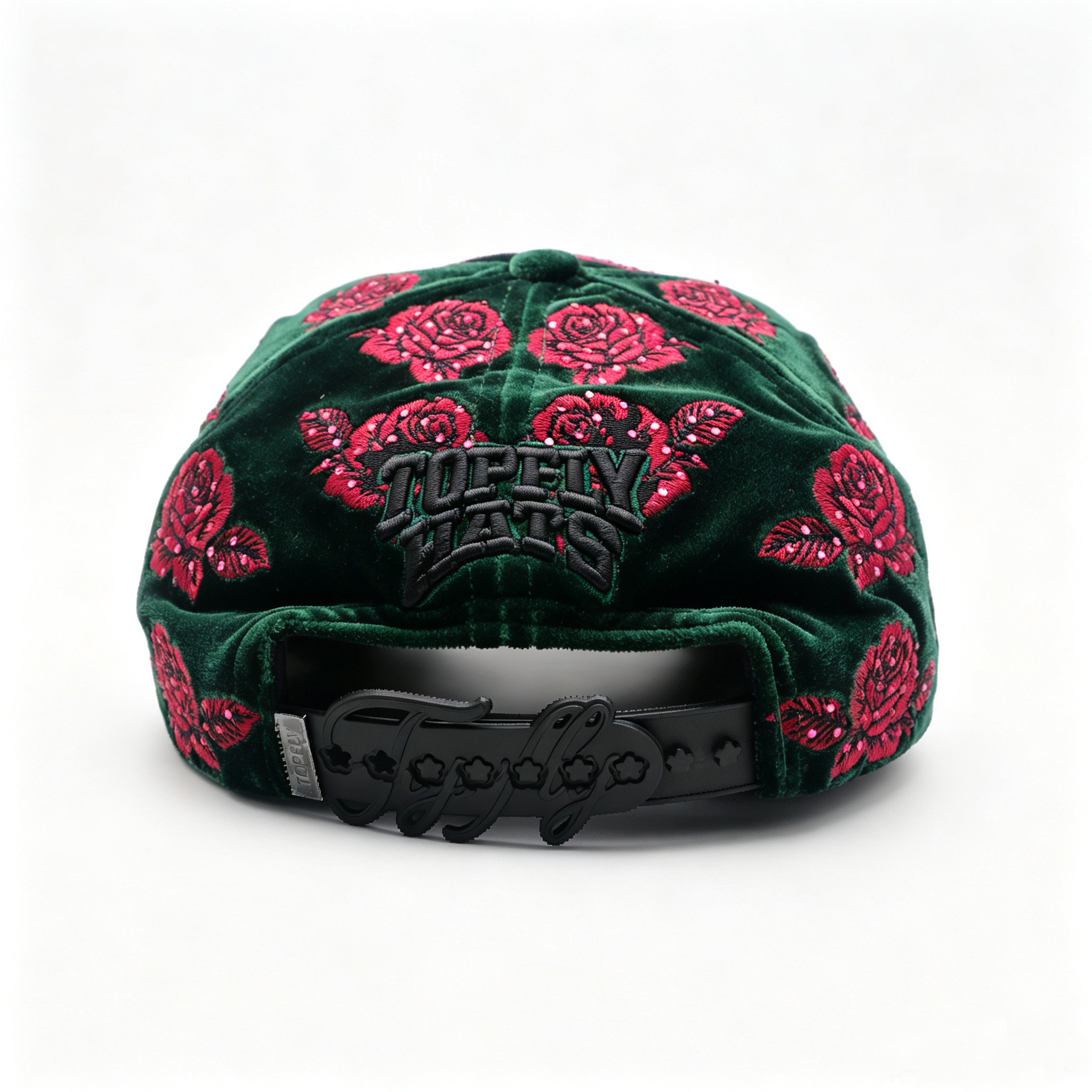 Dark Green Velvet Trucker Cap All Over 3D Rose Embroidery Custom Metal Logo Baseball Hat