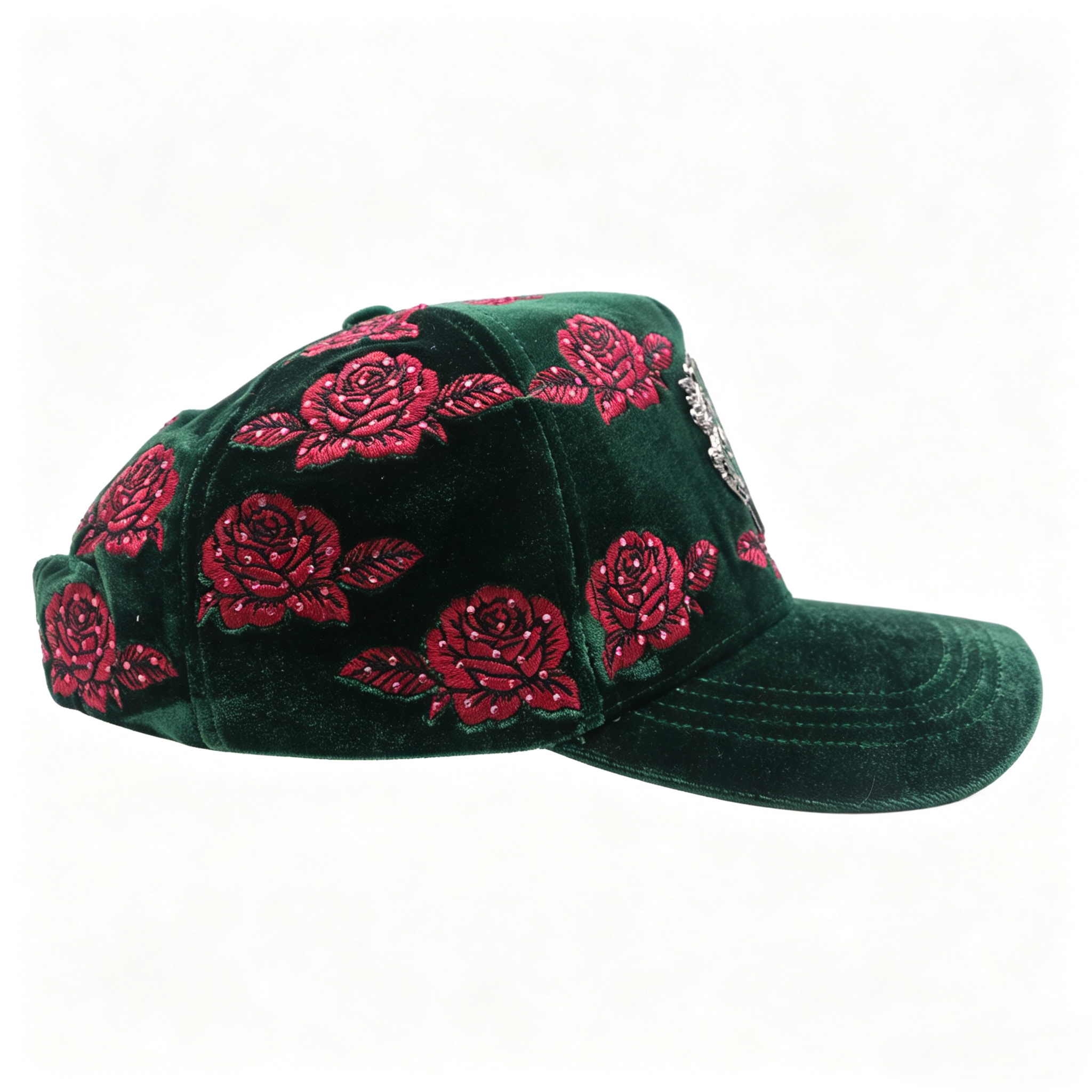 Dark Green Velvet Trucker Cap All Over 3D Rose Embroidery Custom Metal Logo Baseball Hat