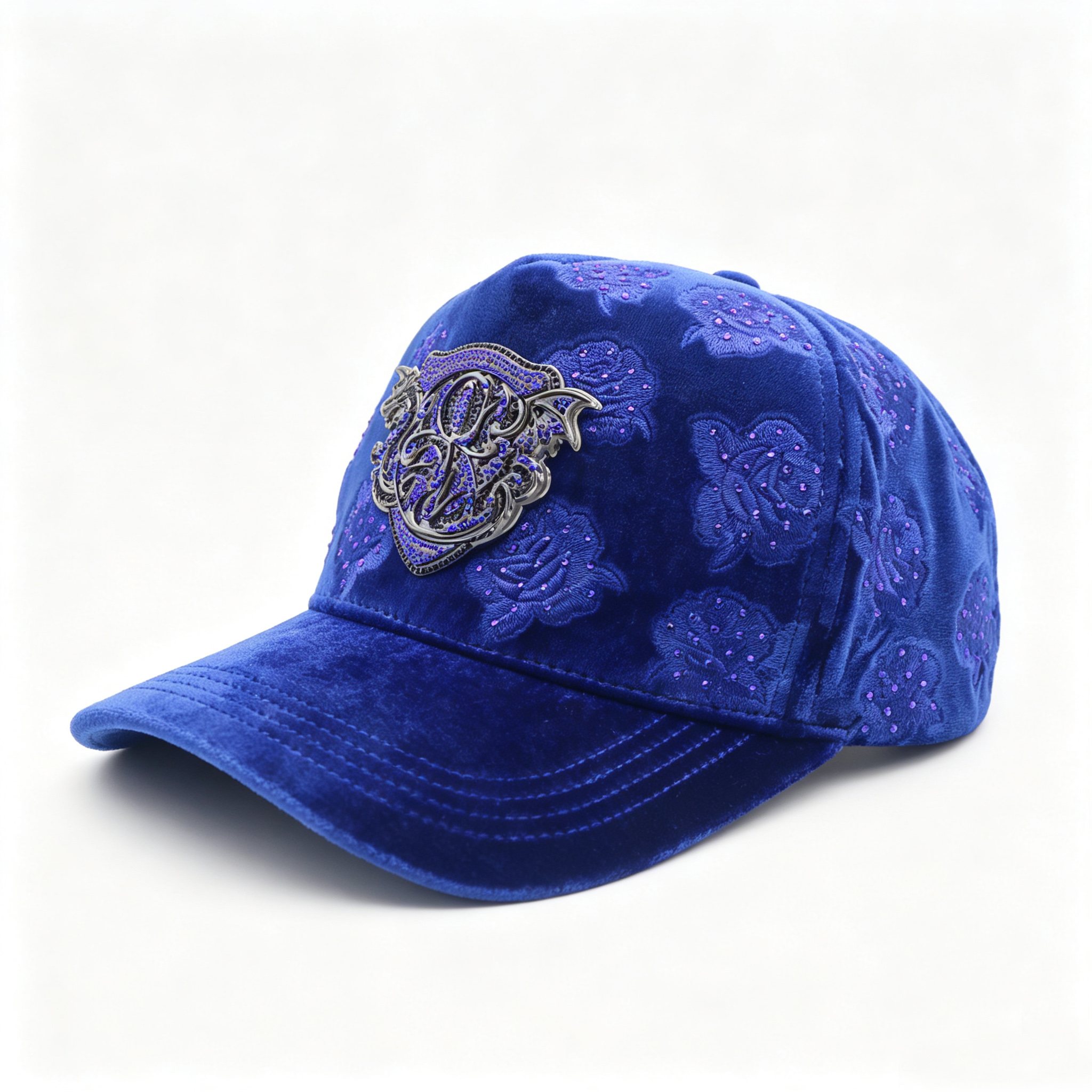 Fashion Velvet Baseball Cap Embossed Rose With Rhinestones Custom Bling Metal Logo Trucker Hat