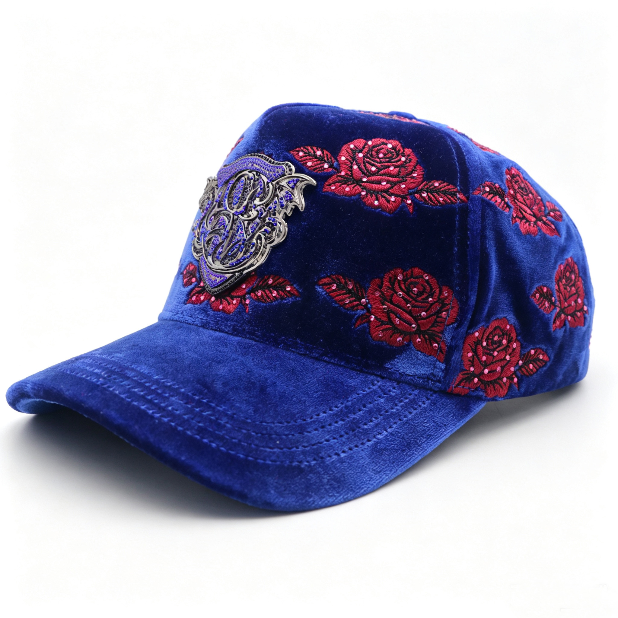 Luxury Royal Blue Velvet Cap Floral Rose Embroidery Rhinestone Custom Metal Badge Women Trendy Trucker Hat