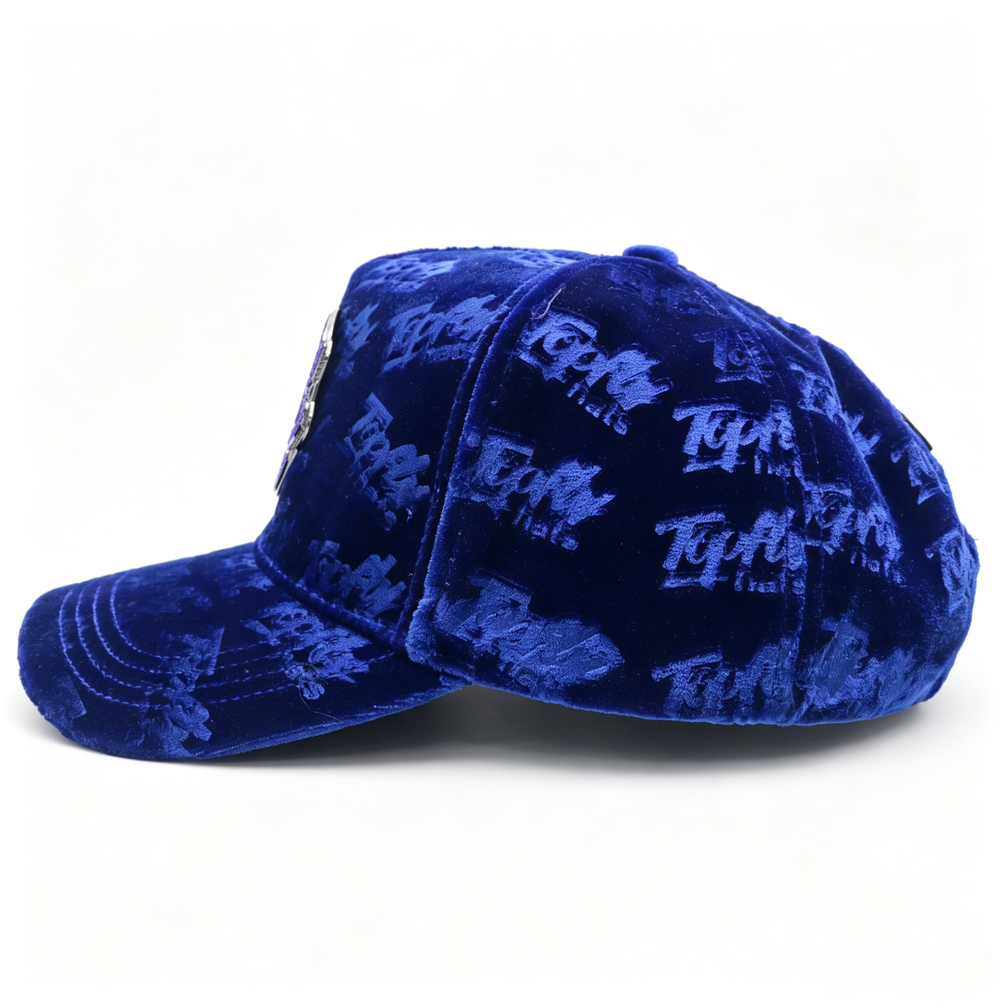 Royal Blue Velvet Trucker Hat All Over Embossed Logo Custom Rhinestone Metal Patch Velvet Baseball Cap For Men Women