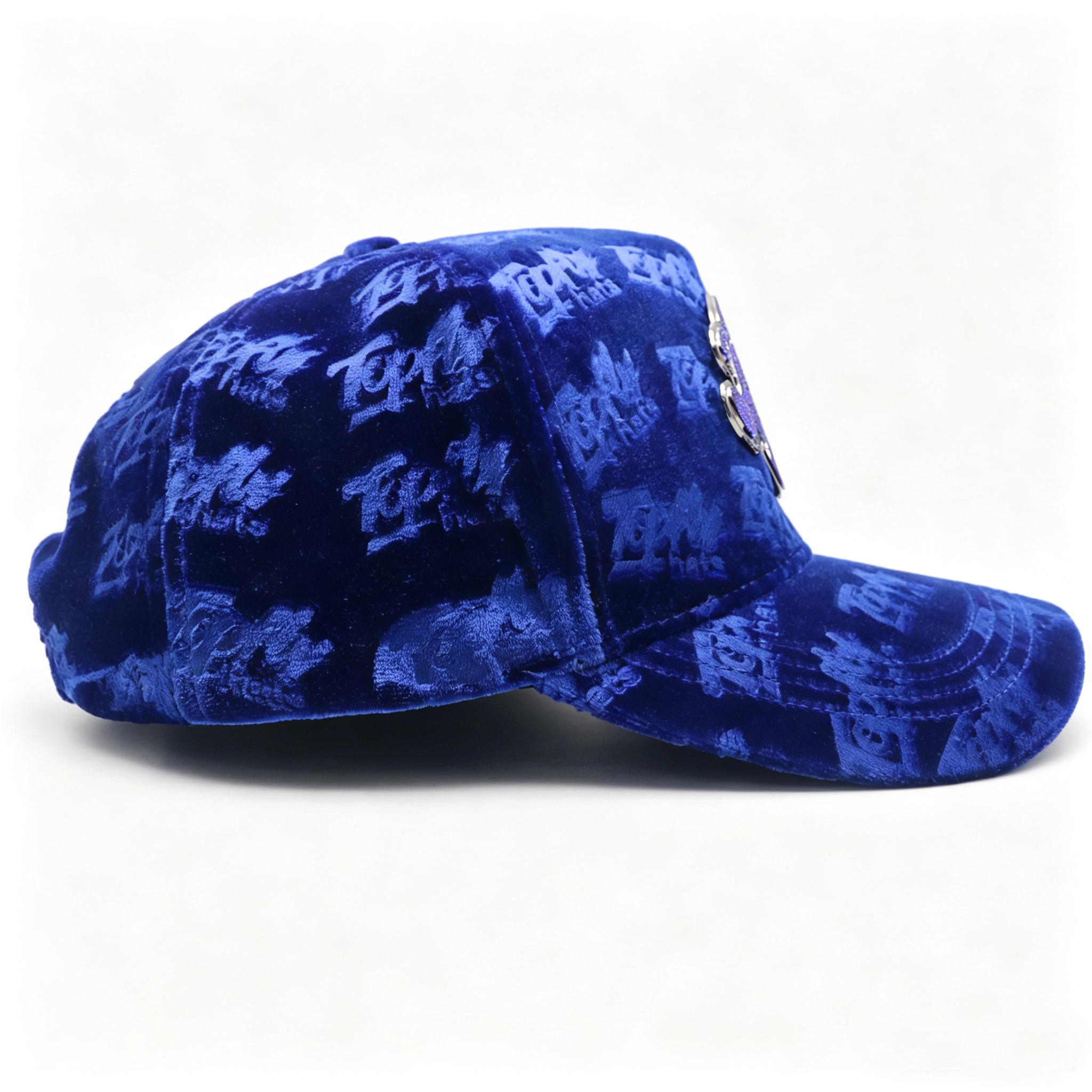 Royal Blue Velvet Trucker Hat All Over Embossed Logo Custom Rhinestone Metal Patch Velvet Baseball Cap For Men Women