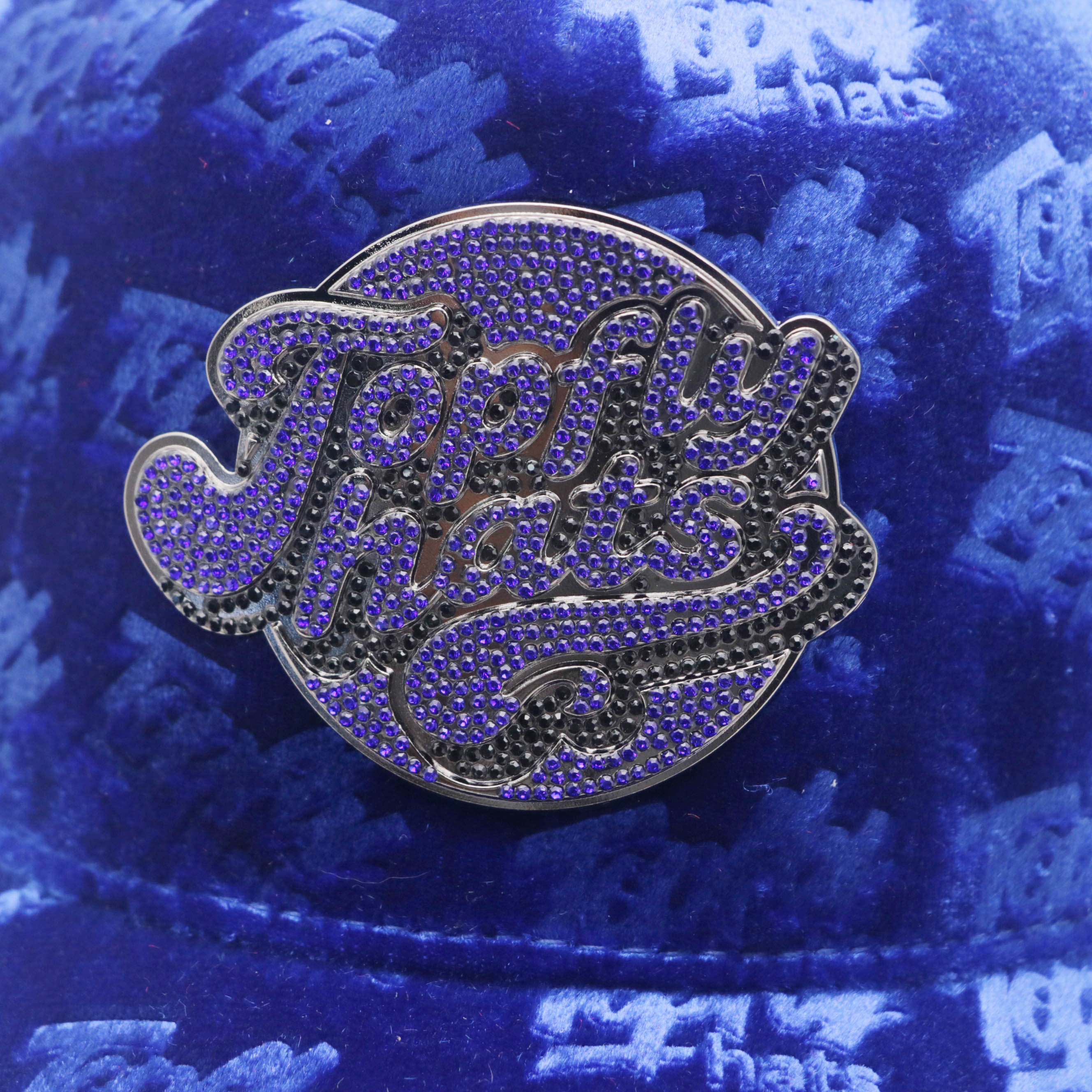 Royal Blue Velvet Trucker Hat All Over Embossed Logo Custom Rhinestone Metal Patch Velvet Baseball Cap For Men Women