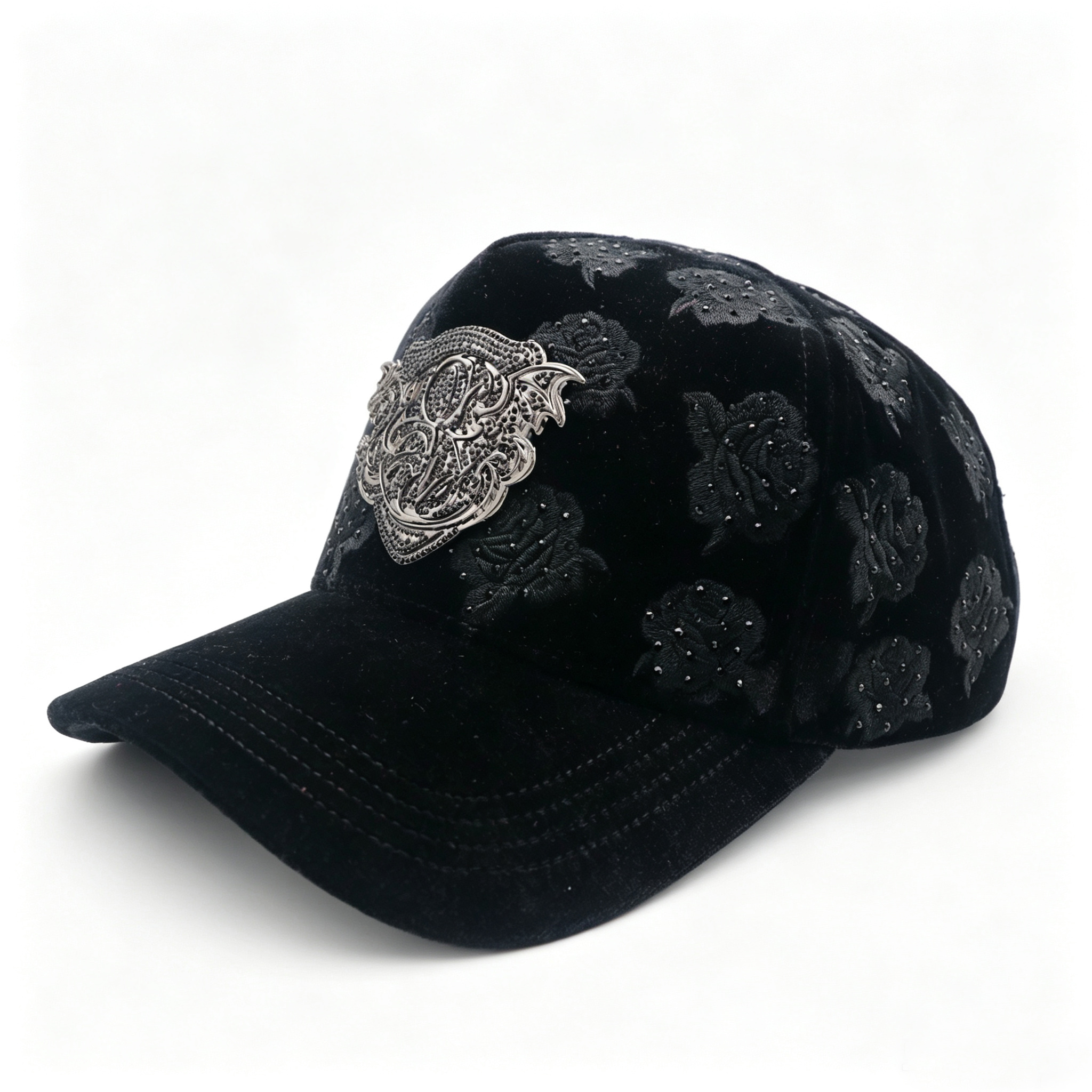 Fashion Velvet Baseball Cap Embossed Rose With Rhinestones Custom Vintage Metal Logo Trucker Hat