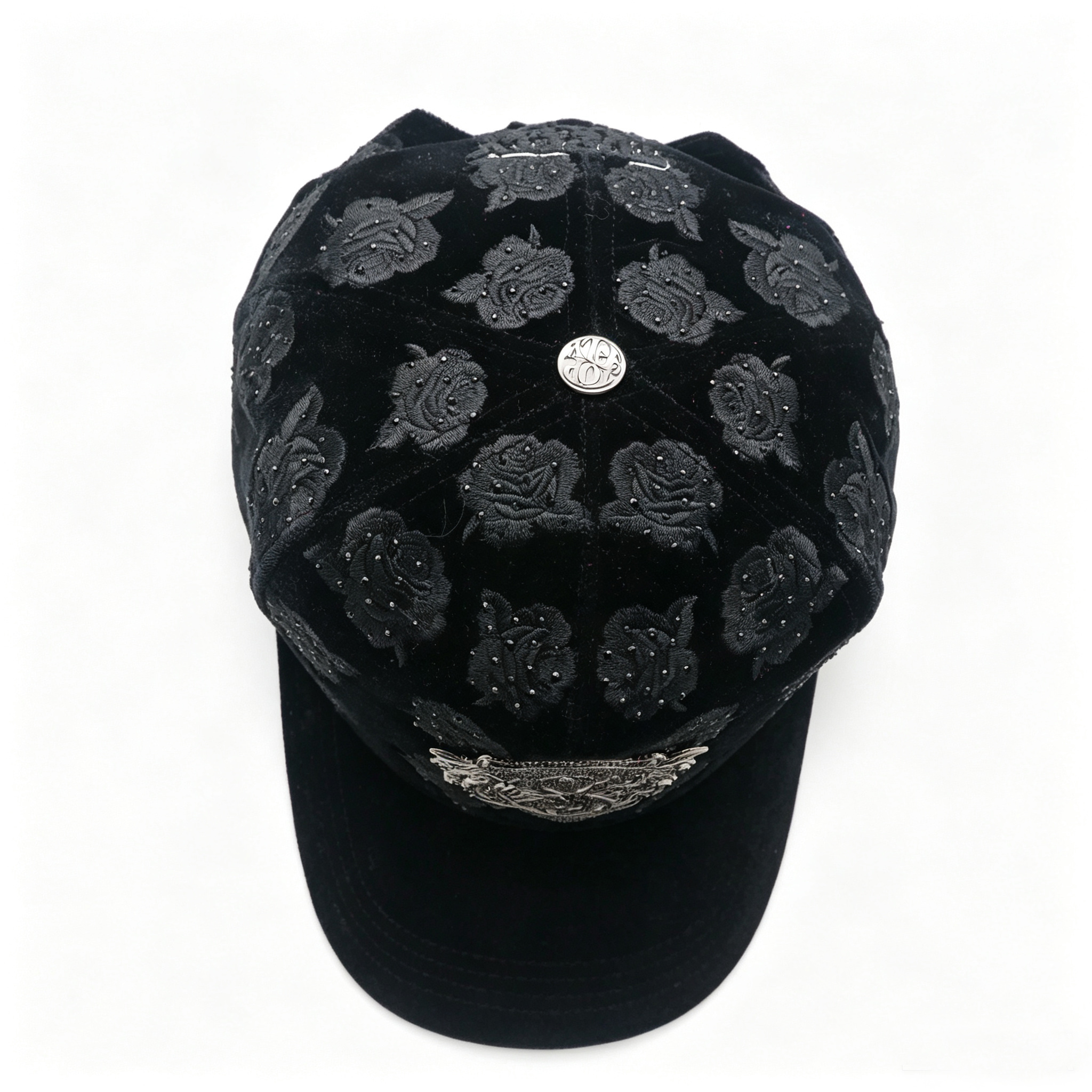 Fashion Velvet Baseball Cap Embossed Rose With Rhinestones Custom Vintage Metal Logo Trucker Hat