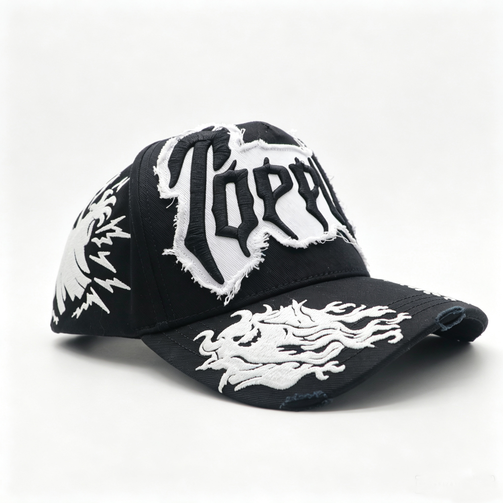 Custom 3D Puff Embroidery Trucker Hat,Frayed Patch Distressed Baseball Cap,Devil Flame Graphic Streetwear Snapback Cap For Men