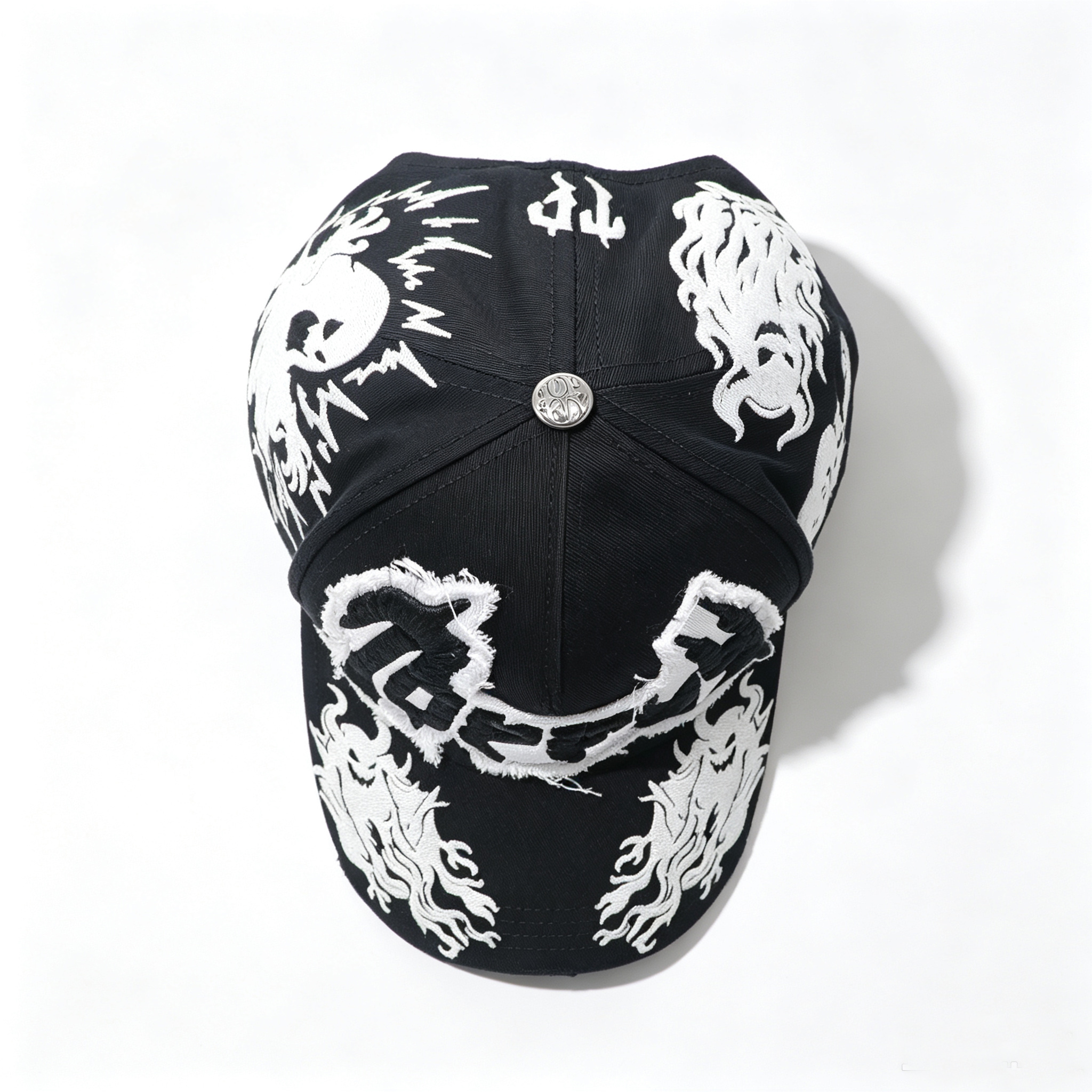 Custom 3D Puff Embroidery Trucker Hat,Frayed Patch Distressed Baseball Cap,Devil Flame Graphic Streetwear Snapback Cap For Men