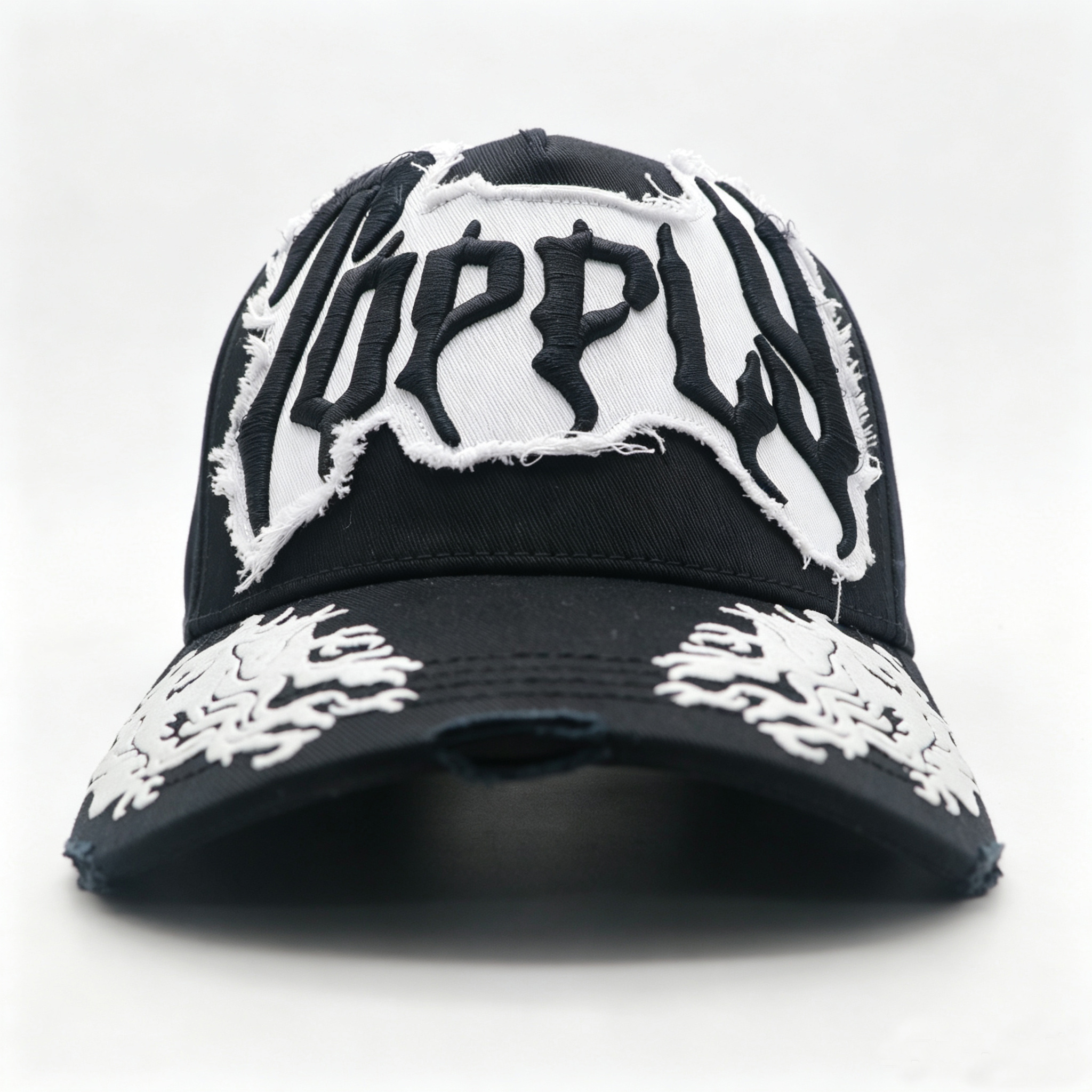 Custom 3D Puff Embroidery Trucker Hat,Frayed Patch Distressed Baseball Cap,Devil Flame Graphic Stree