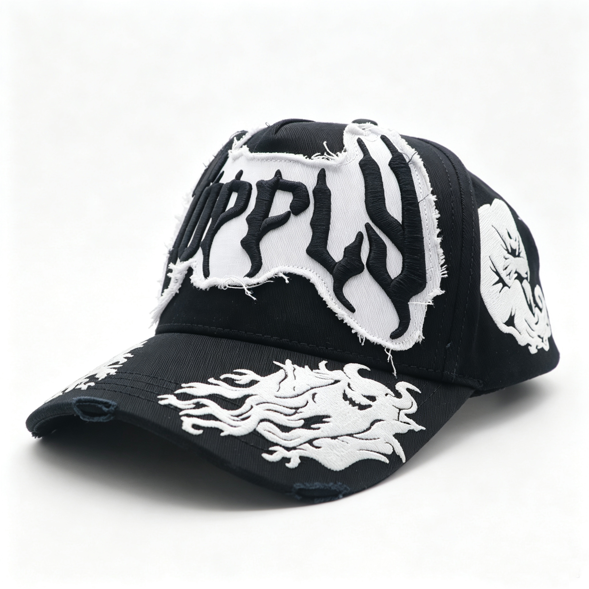 Custom 3D Puff Embroidery Trucker Hat,Frayed Patch Distressed Baseball Cap,Devil Flame Graphic Streetwear Snapback Cap For Men
