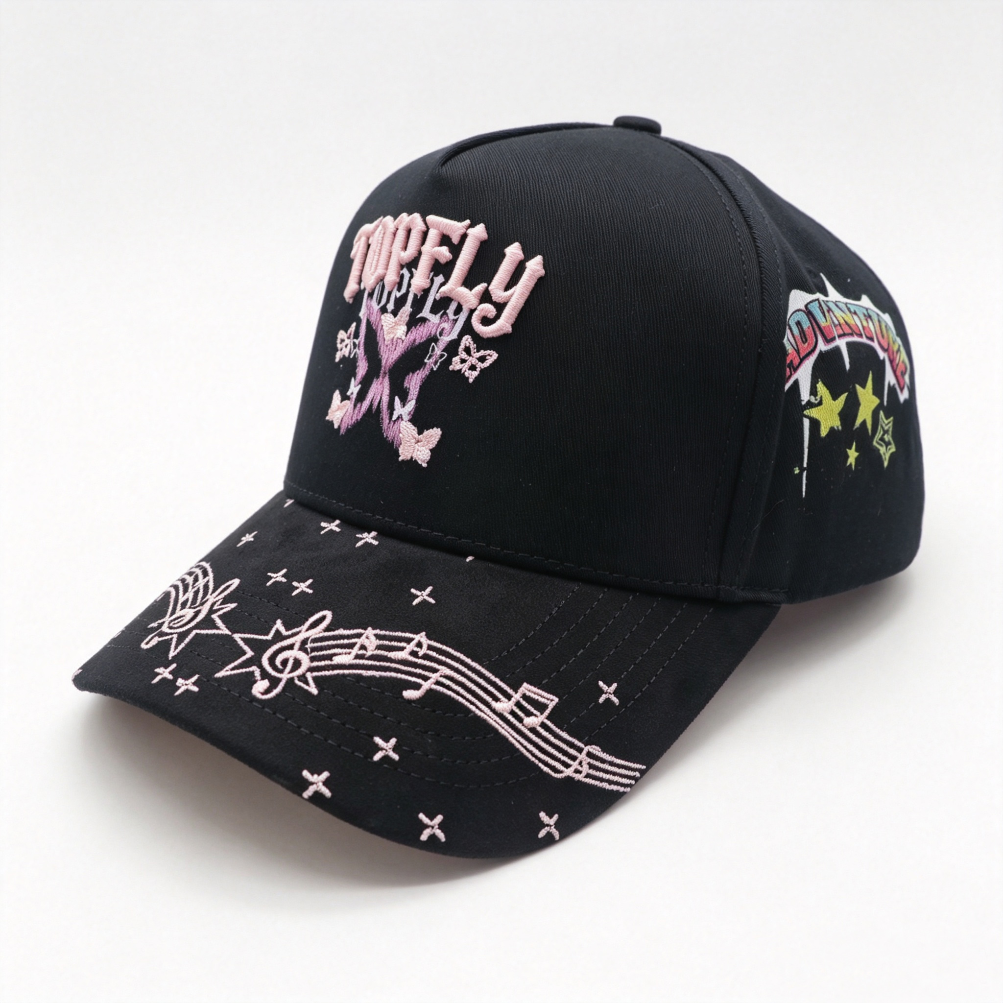 Music Note Star Butterfly Embroidery Baseball Cap,Custom 3D Puff Embroidered Streetwear Adjustable Trucker Hat
