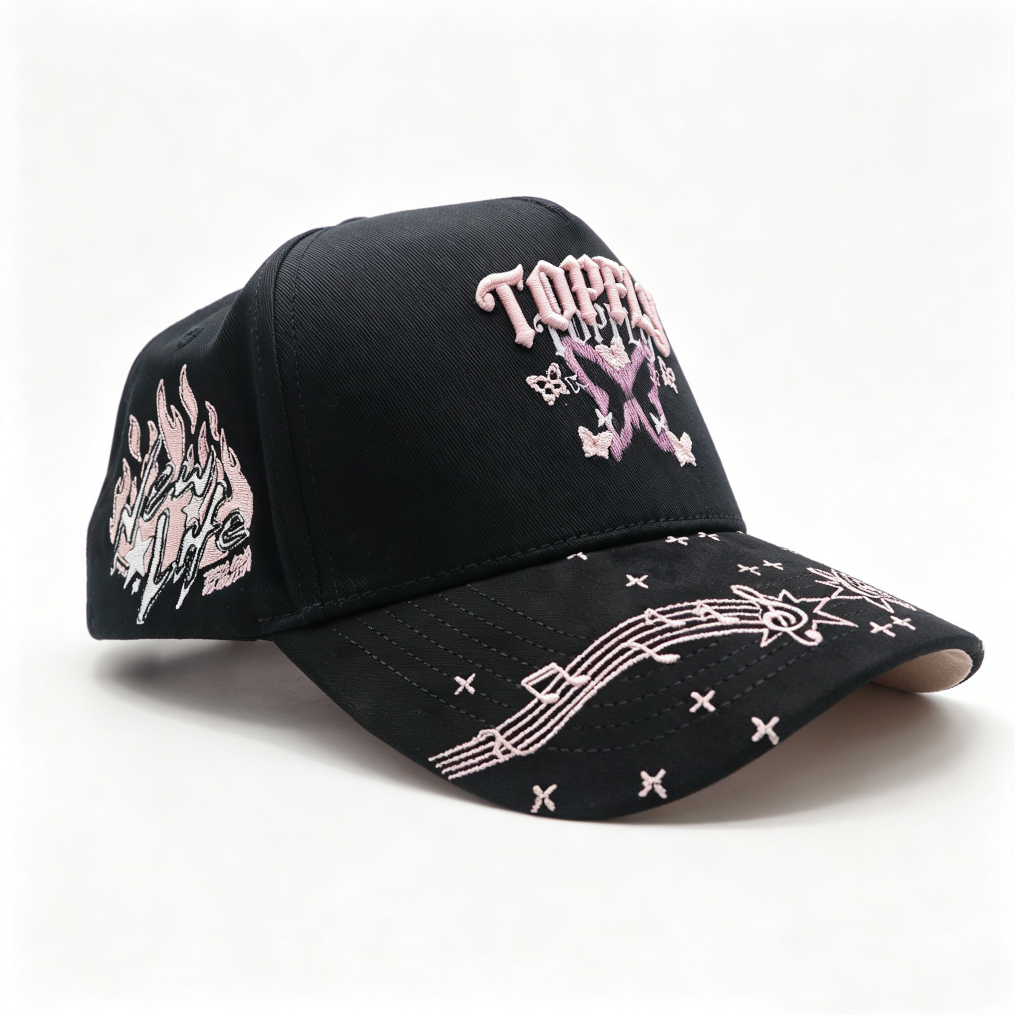 Music Note Star Butterfly Embroidery Baseball Cap,Custom 3D Puff Embroidered Streetwear Adjustable Trucker Hat