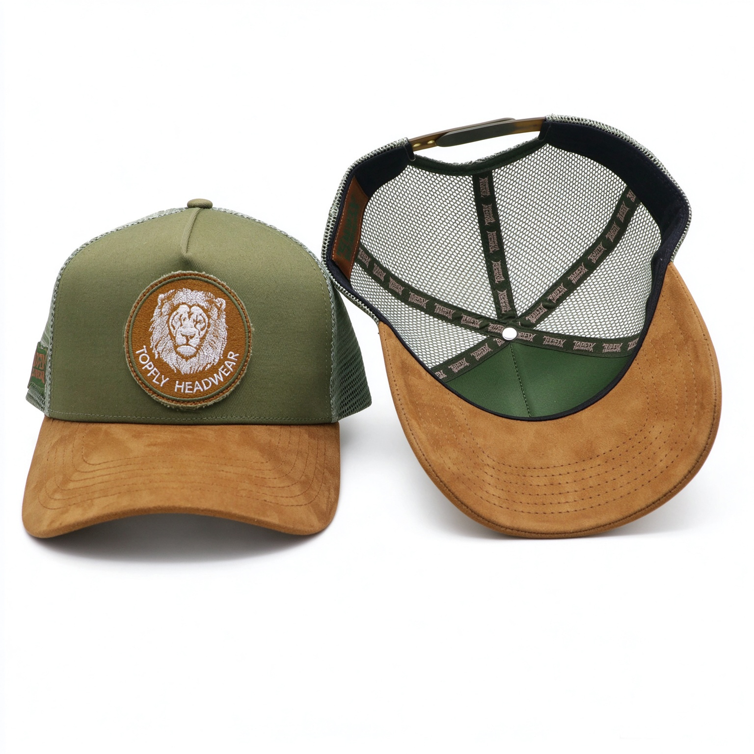 Wholesale Suede Curved Brim Trucker Cap, Custom Lion Embroidery Woven Patch, Mesh Back 5 Panel Outdoor Hunting Hat