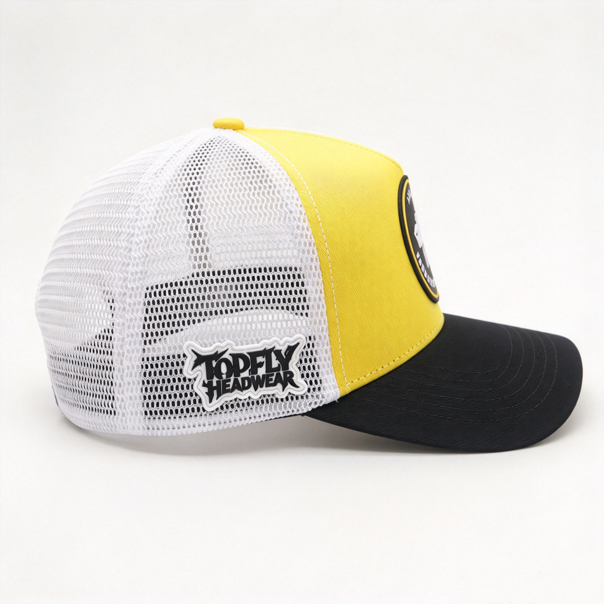 5 Panel Trucker Hat Yellow White Black Color Block Mesh Back Cap Custom Round PVC Rubber Patch Logo Outdoor Baseball Cap for Men