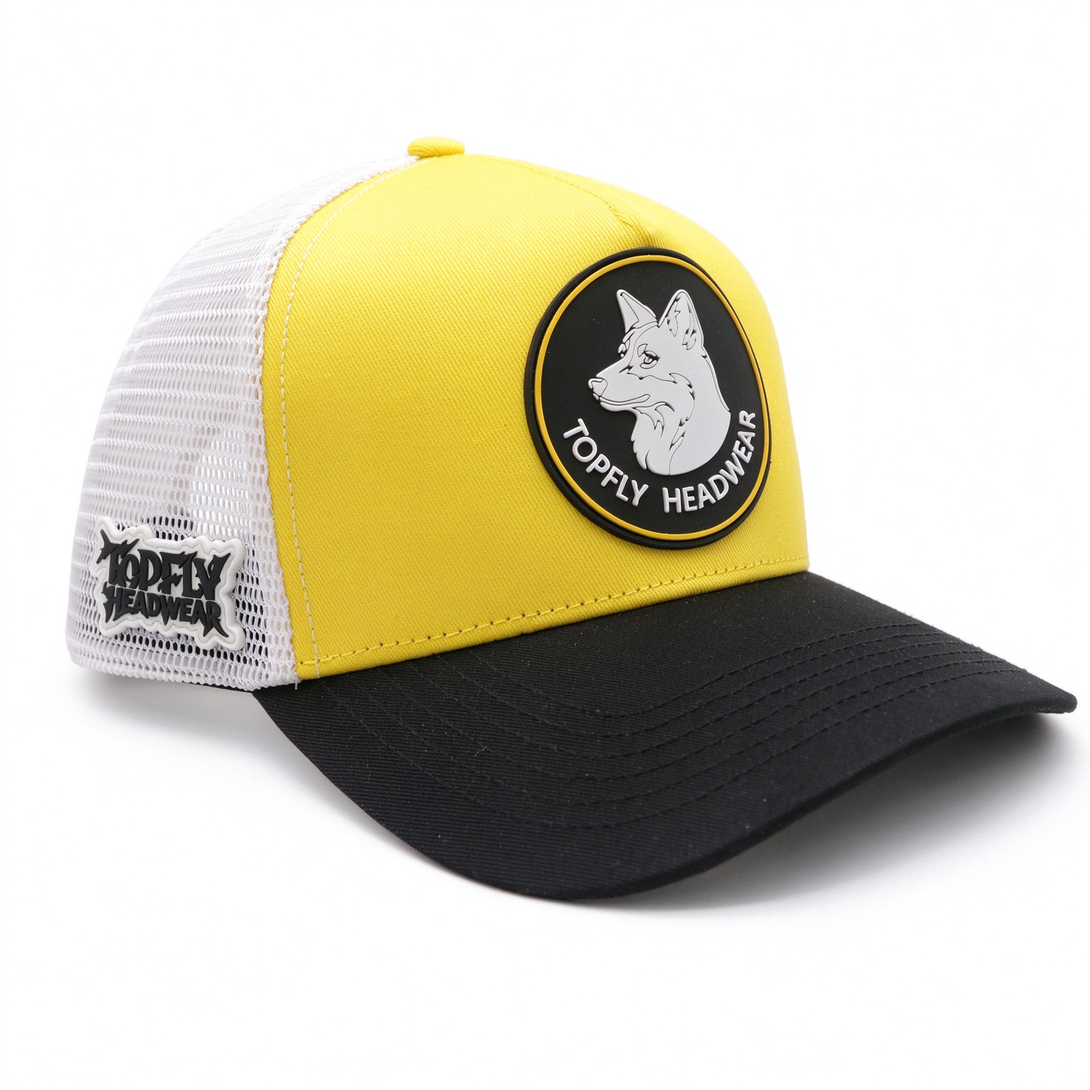 5 Panel Trucker Hat Yellow White Black Color Block Mesh Back Cap Custom Round PVC Rubber Patch Logo 