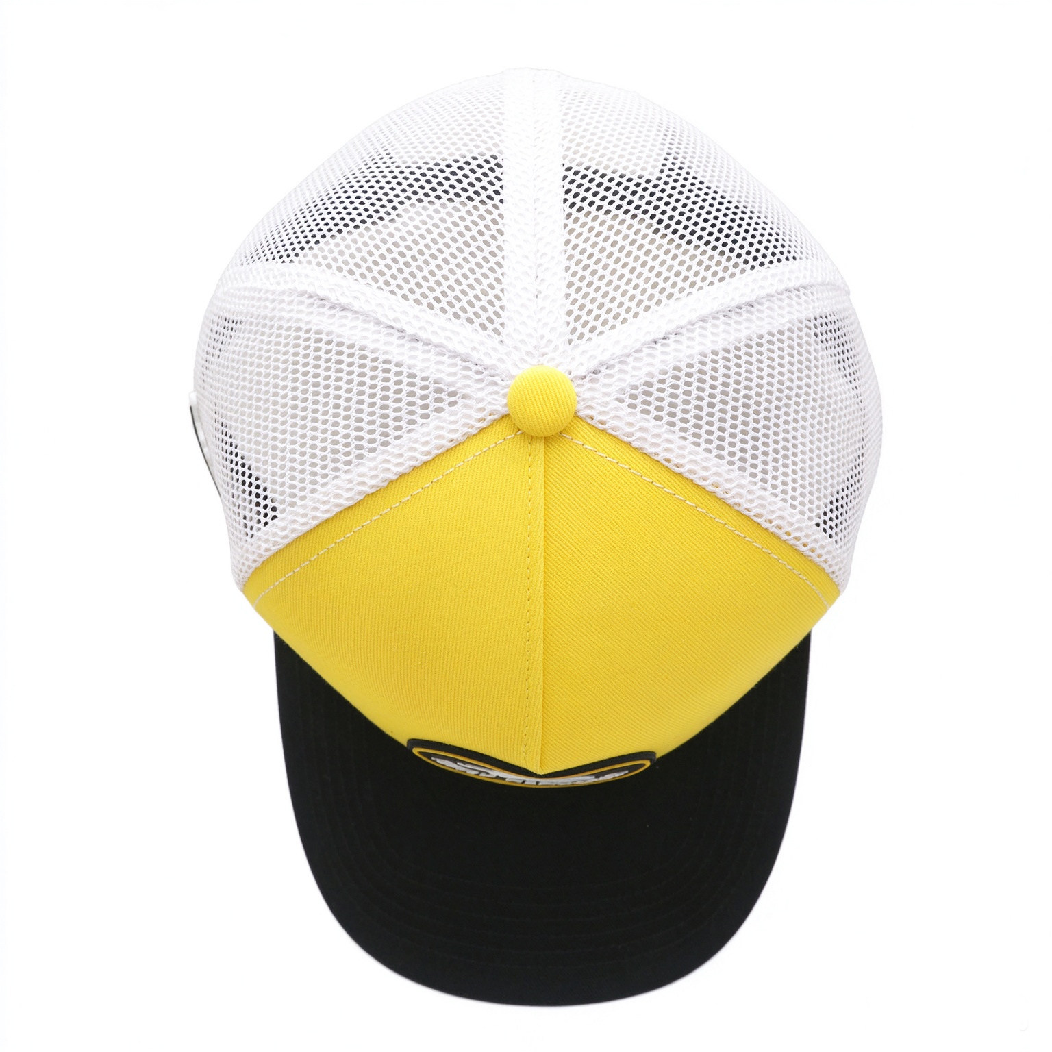 5 Panel Trucker Hat Yellow White Black Color Block Mesh Back Cap Custom Round PVC Rubber Patch Logo Outdoor Baseball Cap for Men