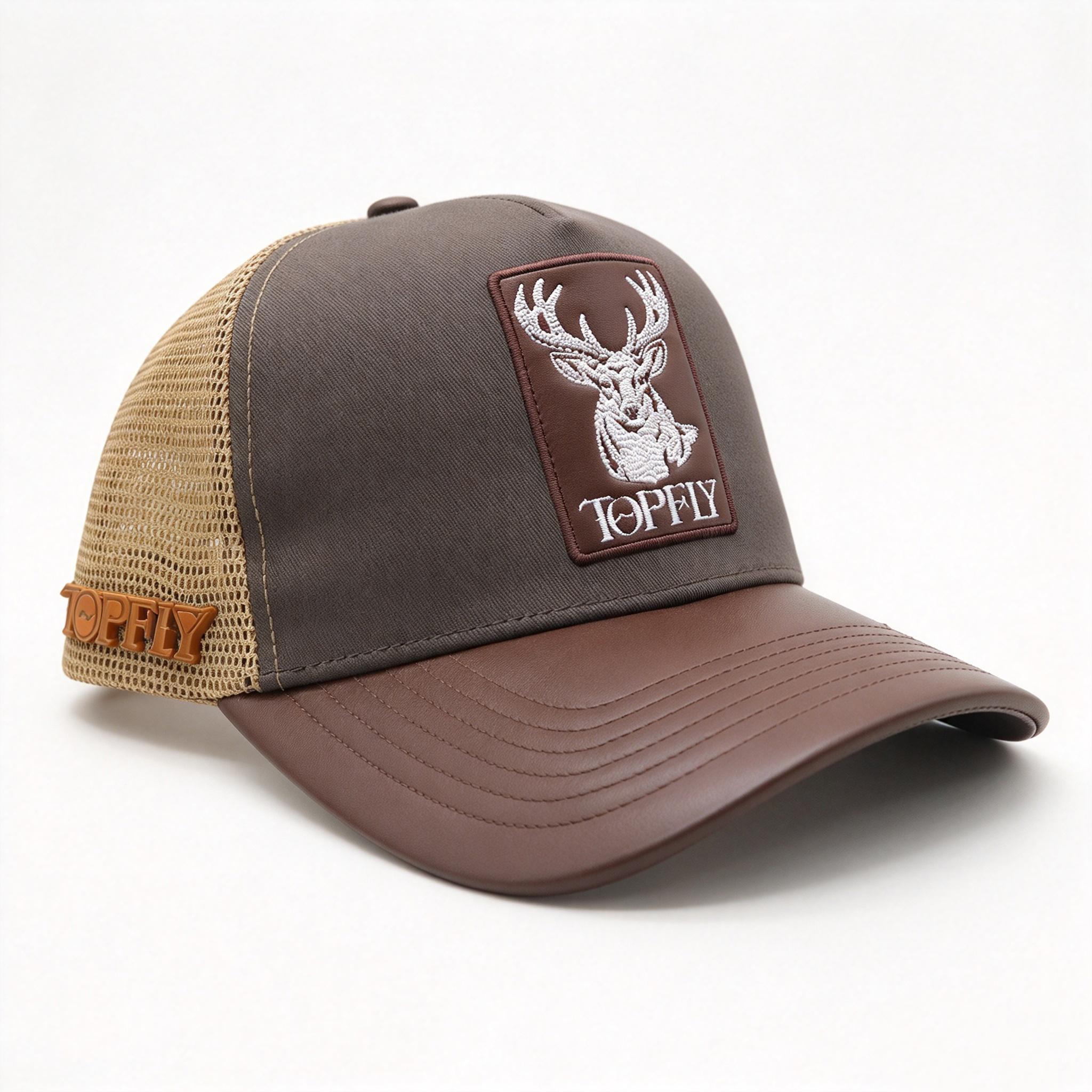 Topfly Custom Trucker Hat Leather Brim Deer Patch Embroidery Mesh Back Outdoor Hunting Baseball Cap 