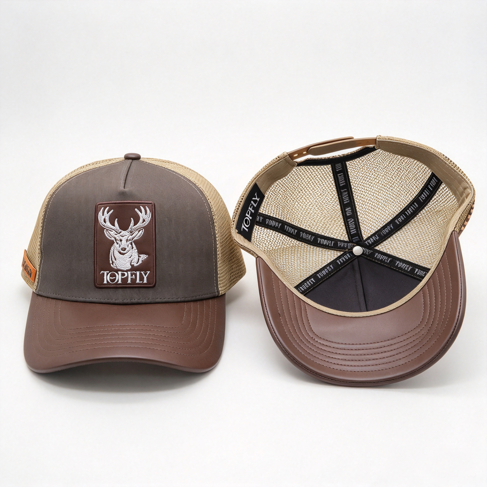 Topfly Custom Trucker Hat Leather Brim Deer Patch Embroidery Mesh Back Outdoor Hunting Baseball Cap for Men