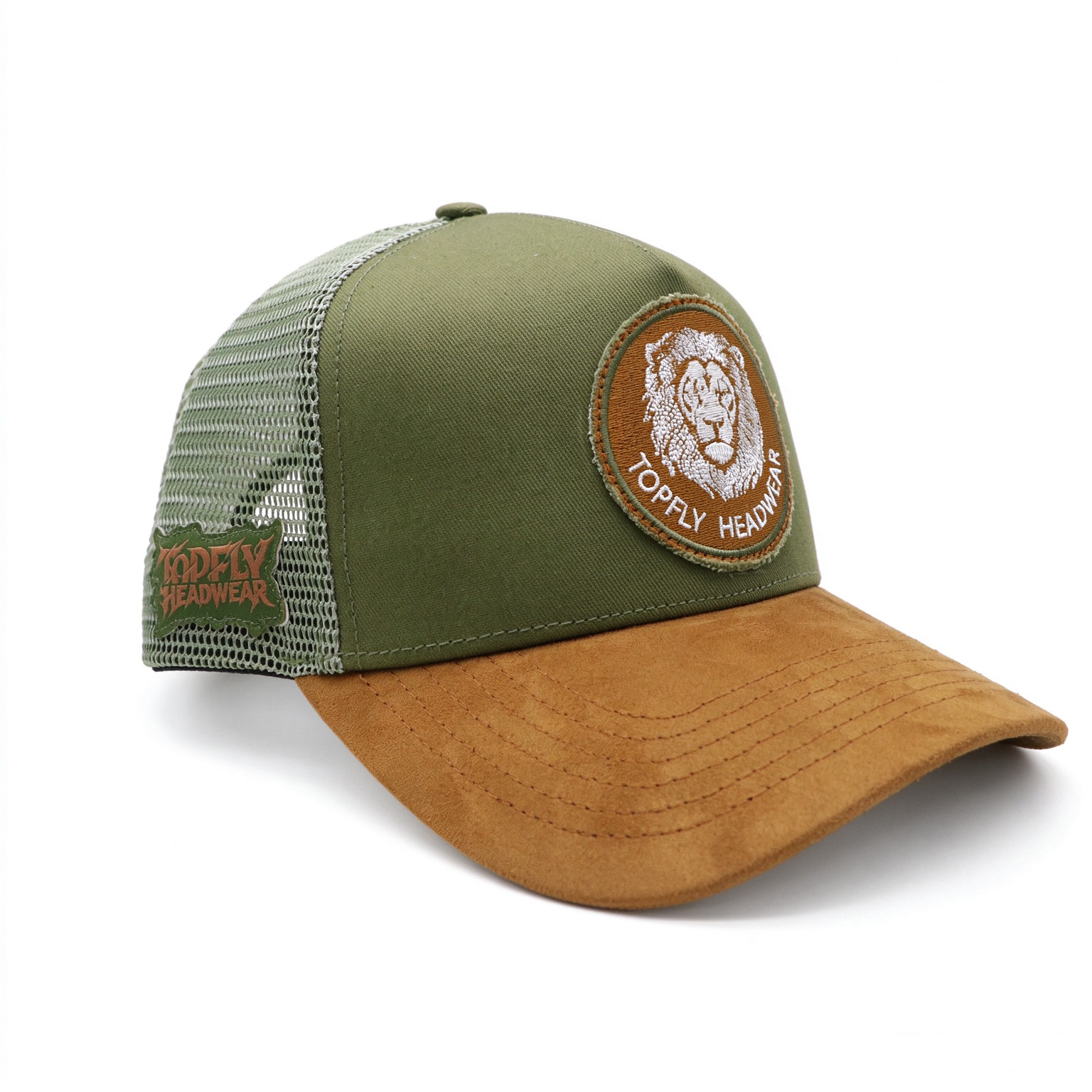 Wholesale Suede Curved Brim Trucker Cap, Custom Lion Embroidery Woven Patch, Mesh Back 5 Panel Outdo