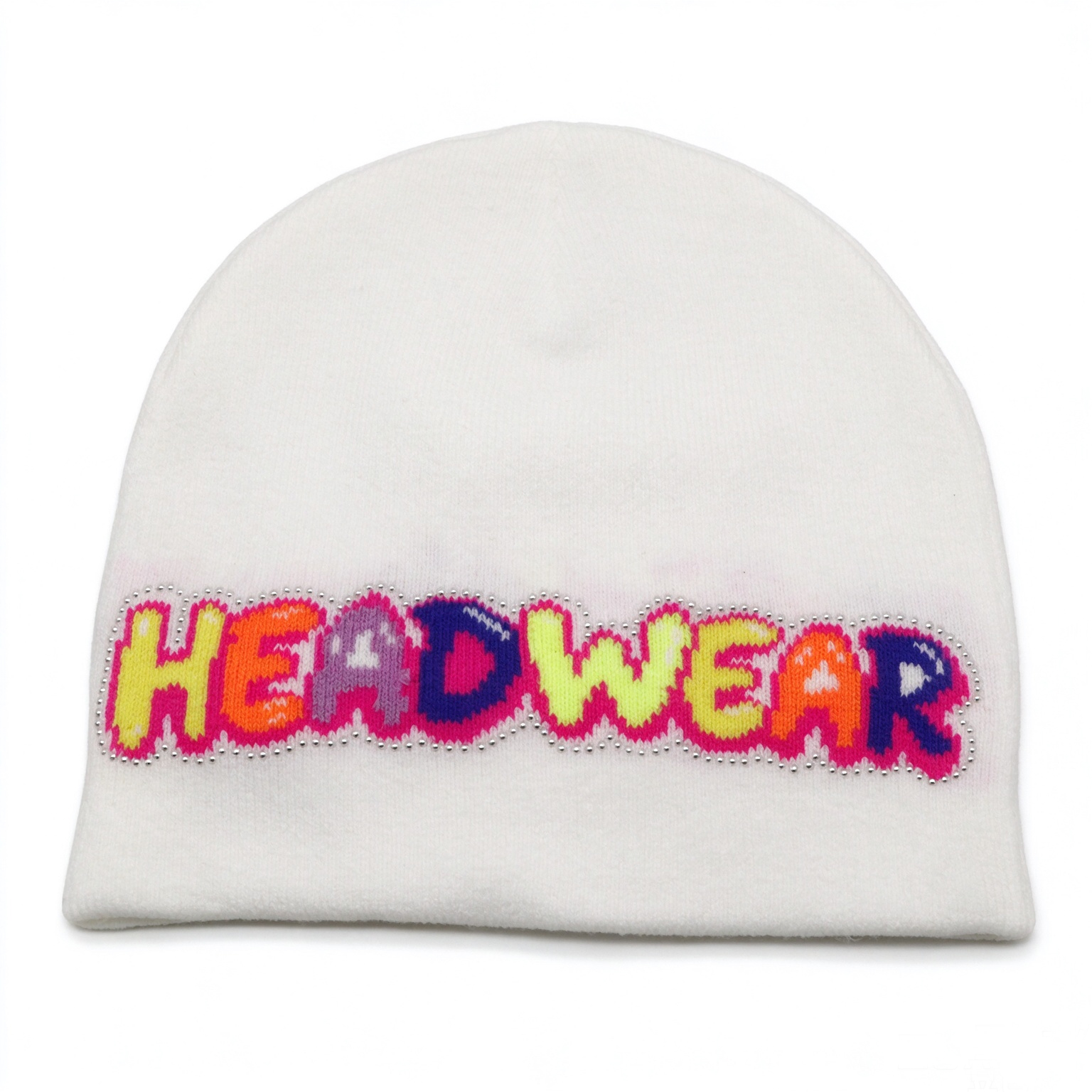 White Slouch Knit Beanie Hat, Colorful Star TOPFLY Letter Jacquard Beanie With Rhinestone Outline Y2K Streetwear Winter Cap