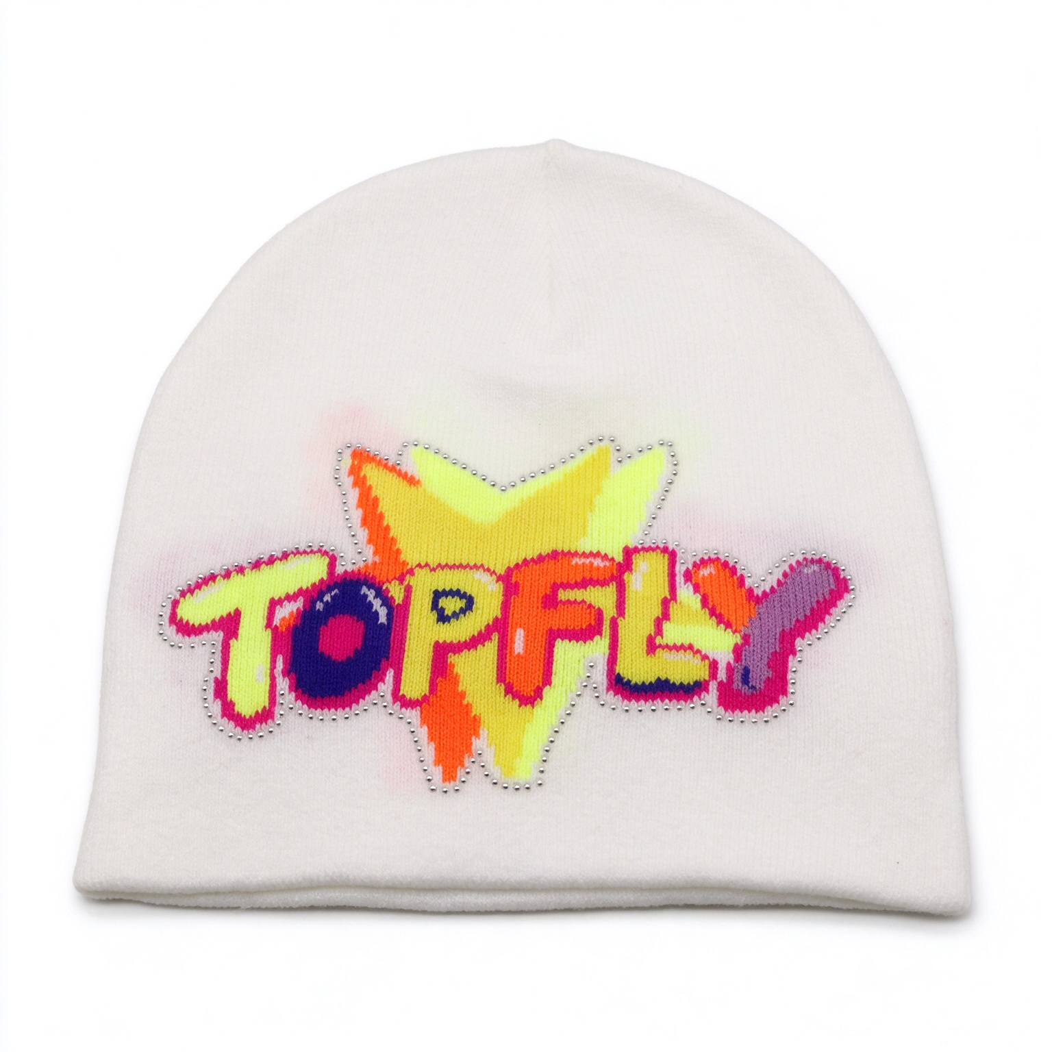 White Slouch Knit Beanie Hat, Colorful Star TOPFLY Letter Jacquard Beanie With Rhinestone Outline Y2