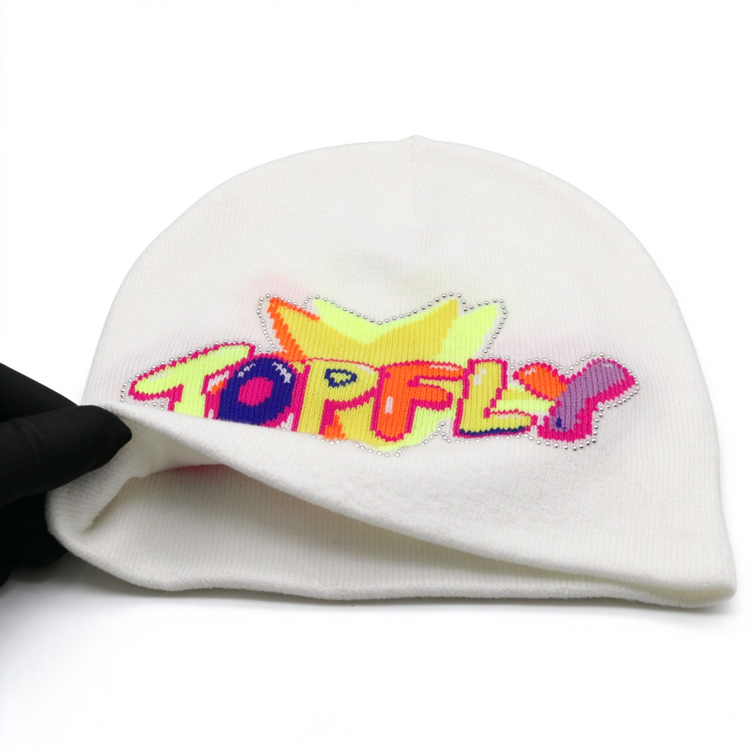 White Slouch Knit Beanie Hat, Colorful Star TOPFLY Letter Jacquard Beanie With Rhinestone Outline Y2K Streetwear Winter Cap