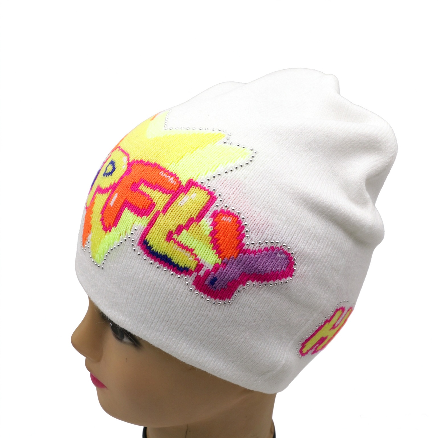 White Slouch Knit Beanie Hat, Colorful Star TOPFLY Letter Jacquard Beanie With Rhinestone Outline Y2K Streetwear Winter Cap