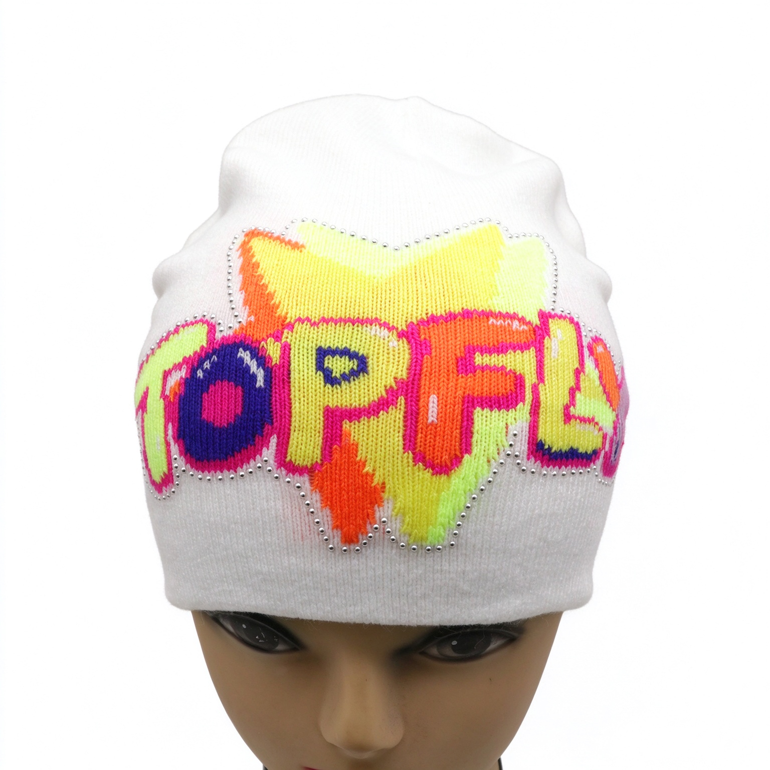 White Slouch Knit Beanie Hat, Colorful Star TOPFLY Letter Jacquard Beanie With Rhinestone Outline Y2K Streetwear Winter Cap