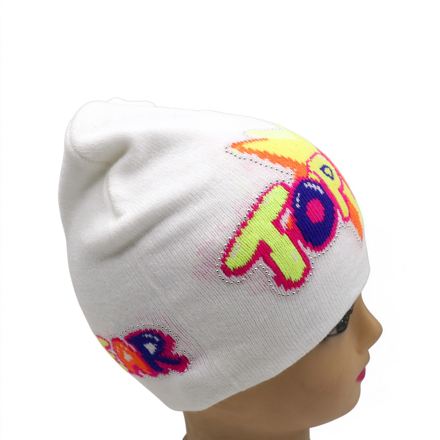 White Slouch Knit Beanie Hat, Colorful Star TOPFLY Letter Jacquard Beanie With Rhinestone Outline Y2K Streetwear Winter Cap