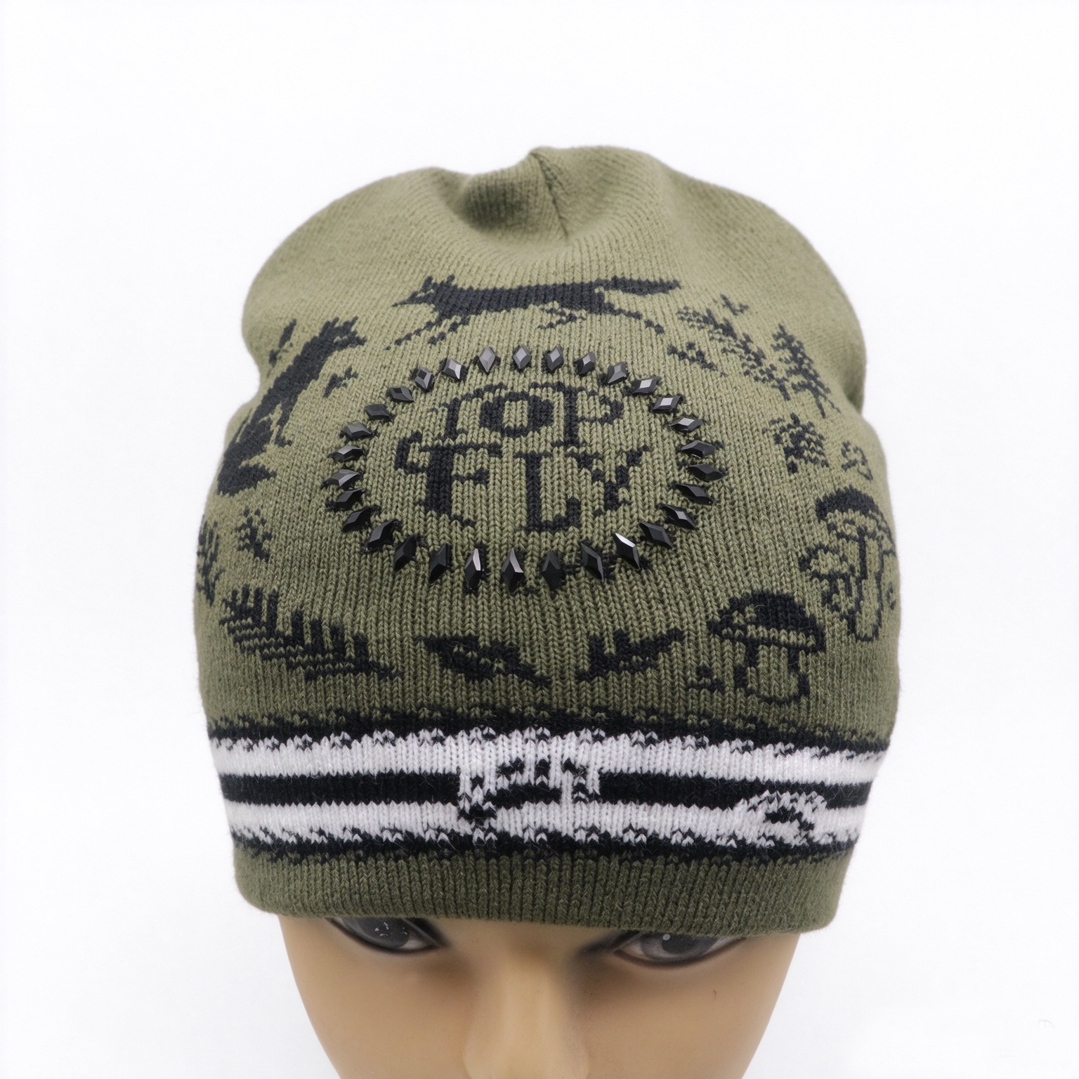 Wholesale Unisex Jacquard Knitted Beanie Hat With Rhinestone Logo, TOPFLY Winter Warm Slouch Knit Cap Custom Pattern OEM